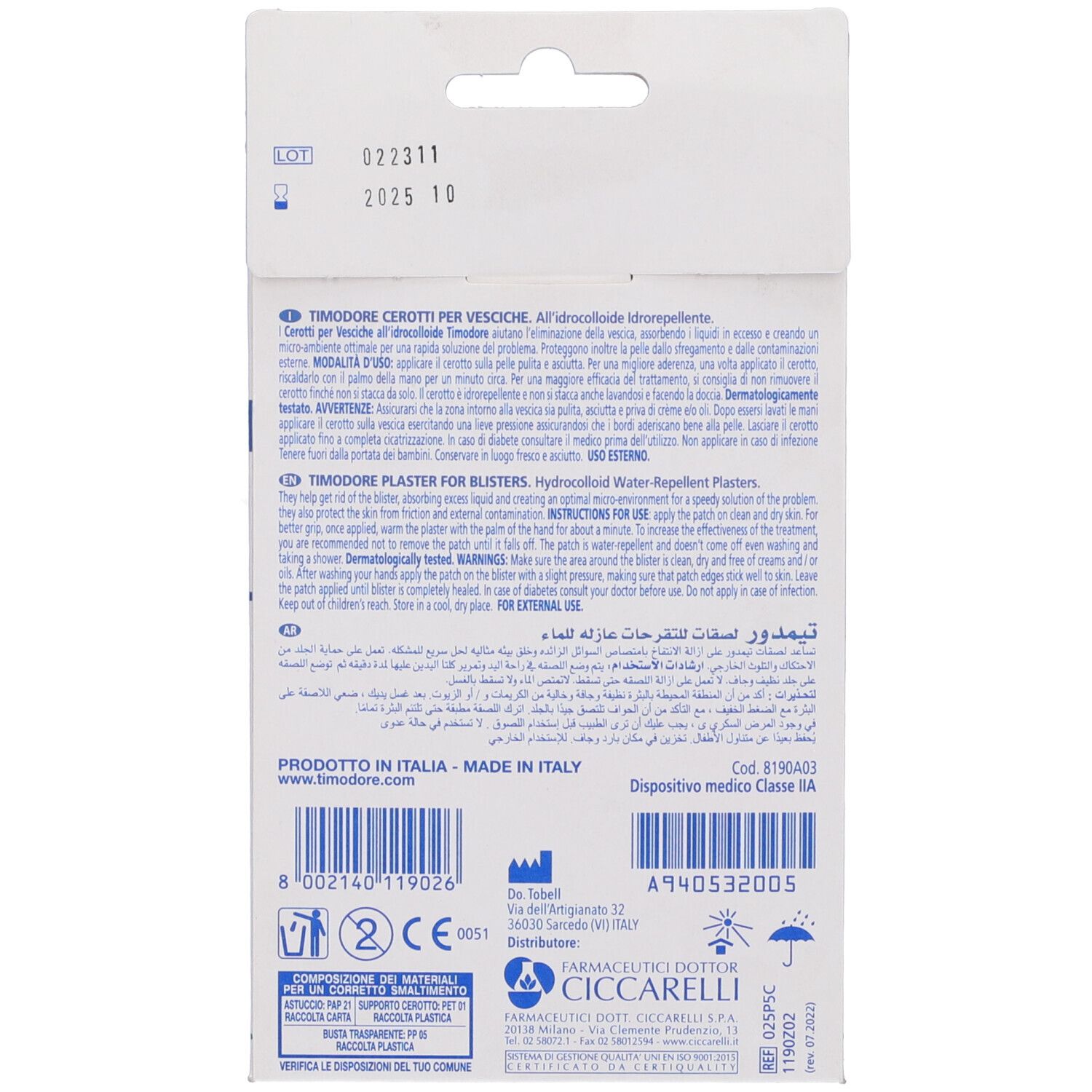 Retro confezione con informazioni prodotto. Testo multilingue. Dispositivo medico. Produttore: Dr. Ciccarelli.