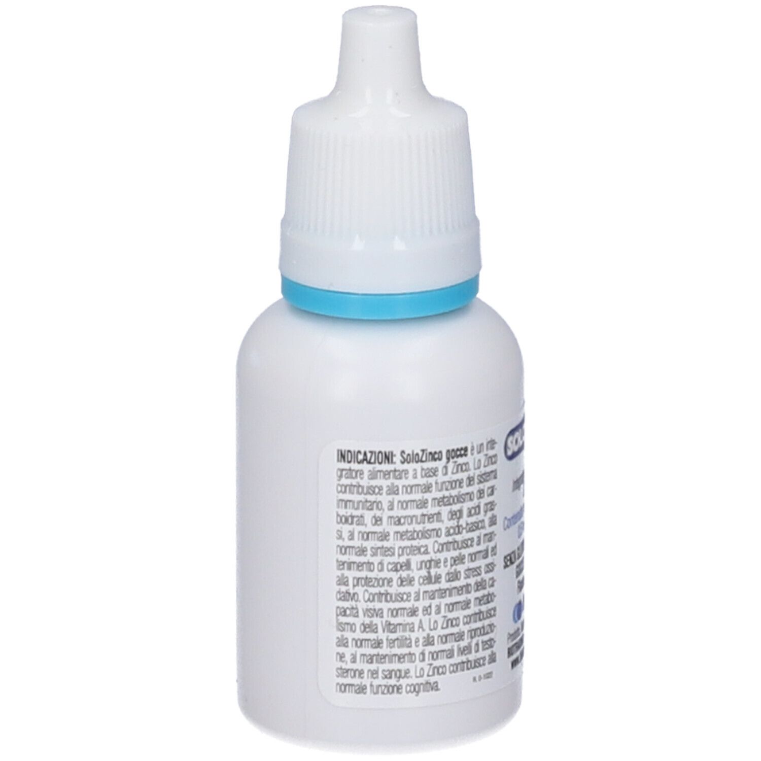 Flacone bianco con anello blu e contagocce. Testo: Indicazioni, Solozinco Gocce. Informazioni sull'uso e sugli ingredienti.