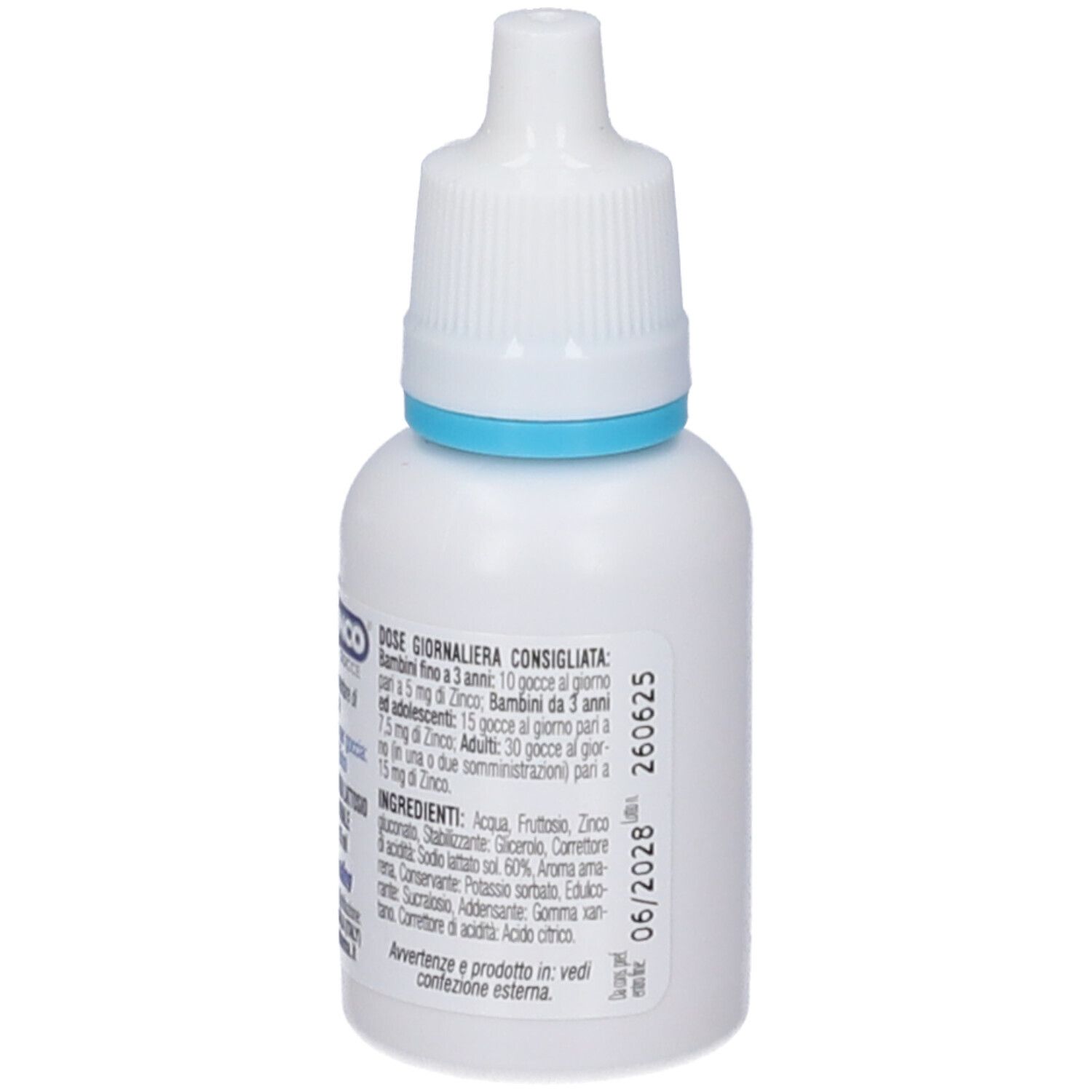 Flacone bianco con anello blu e contagocce. Testo: Dosaggio, ingredienti, data di scadenza 06/2028. Retro.