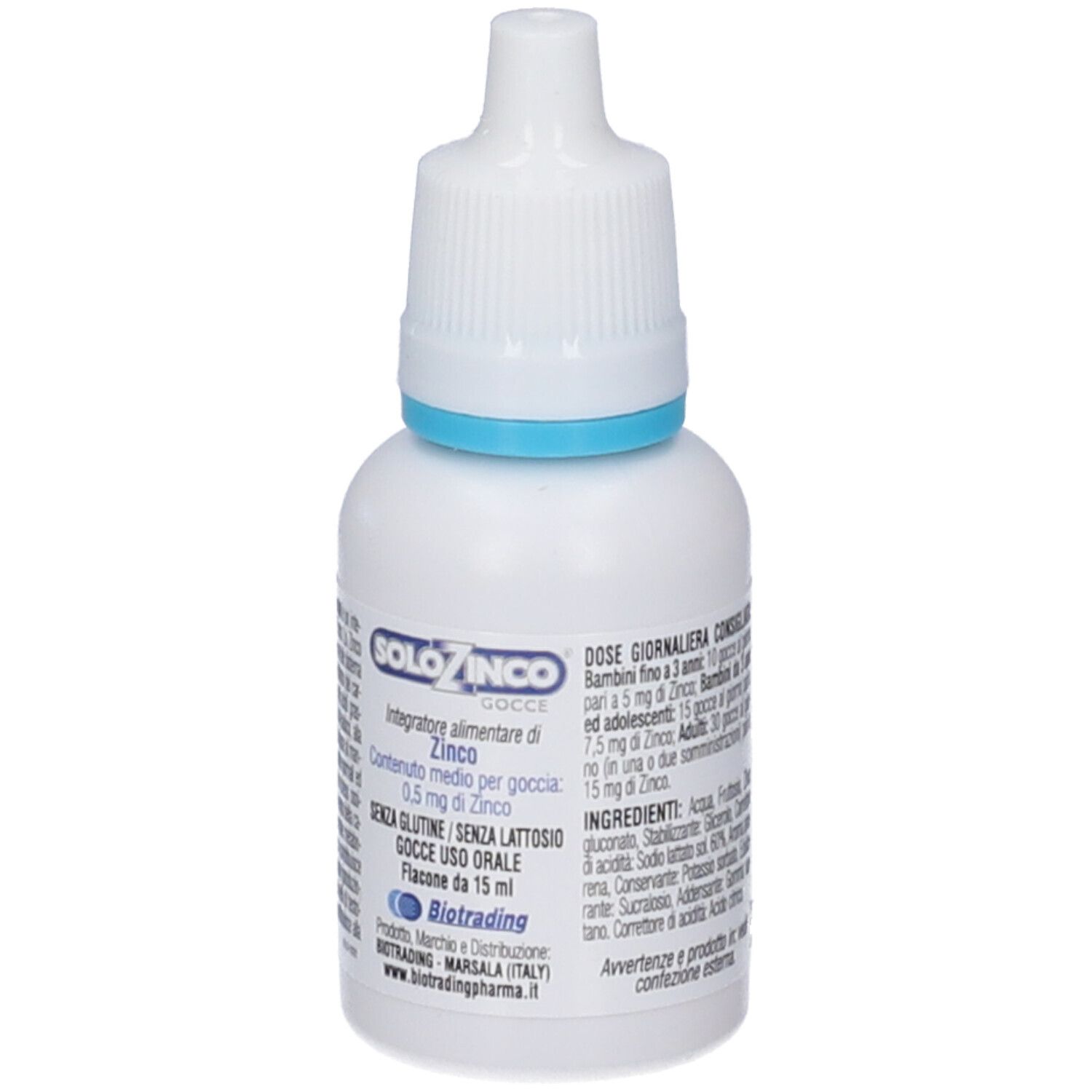 Flacone bianco con anello blu e contagocce. Testo: Solozinco Gocce, 0,5 mg di zinco. Senza glutine/lattosio. Flacone 15 ml.