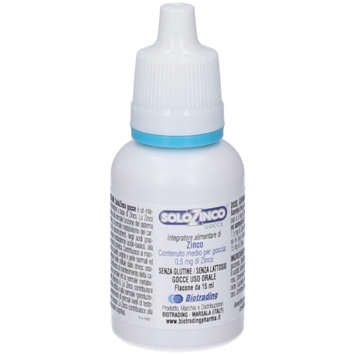 Flacone bianco con anello blu e contagocce. Testo: Solozinco Gocce, 0,5 mg di zinco. Senza glutine/lattosio. Flacone 15 ml.
