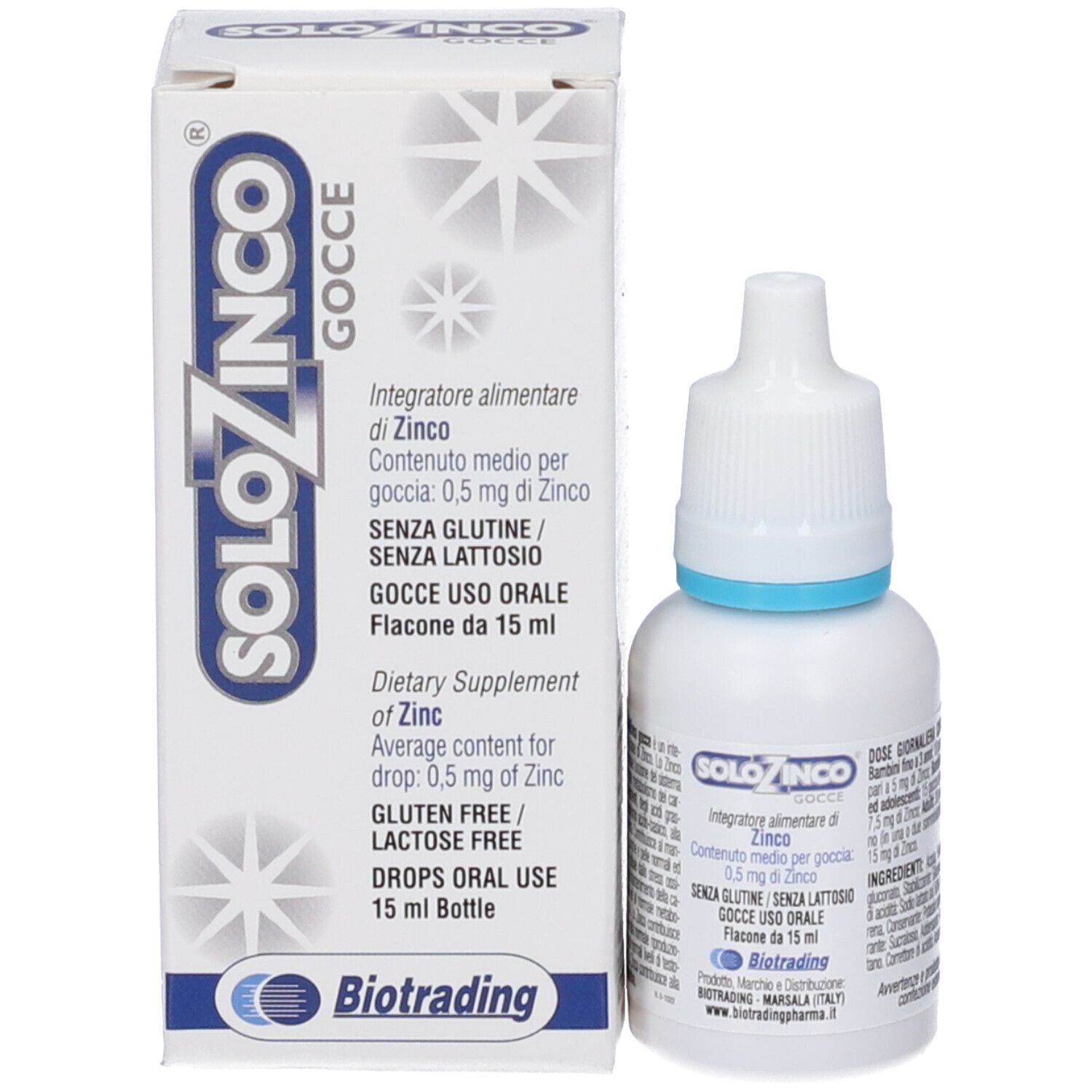Flacone e confezione Solozinco Gocce. Flacone bianco con anello blu. Confezione con testo e logo.