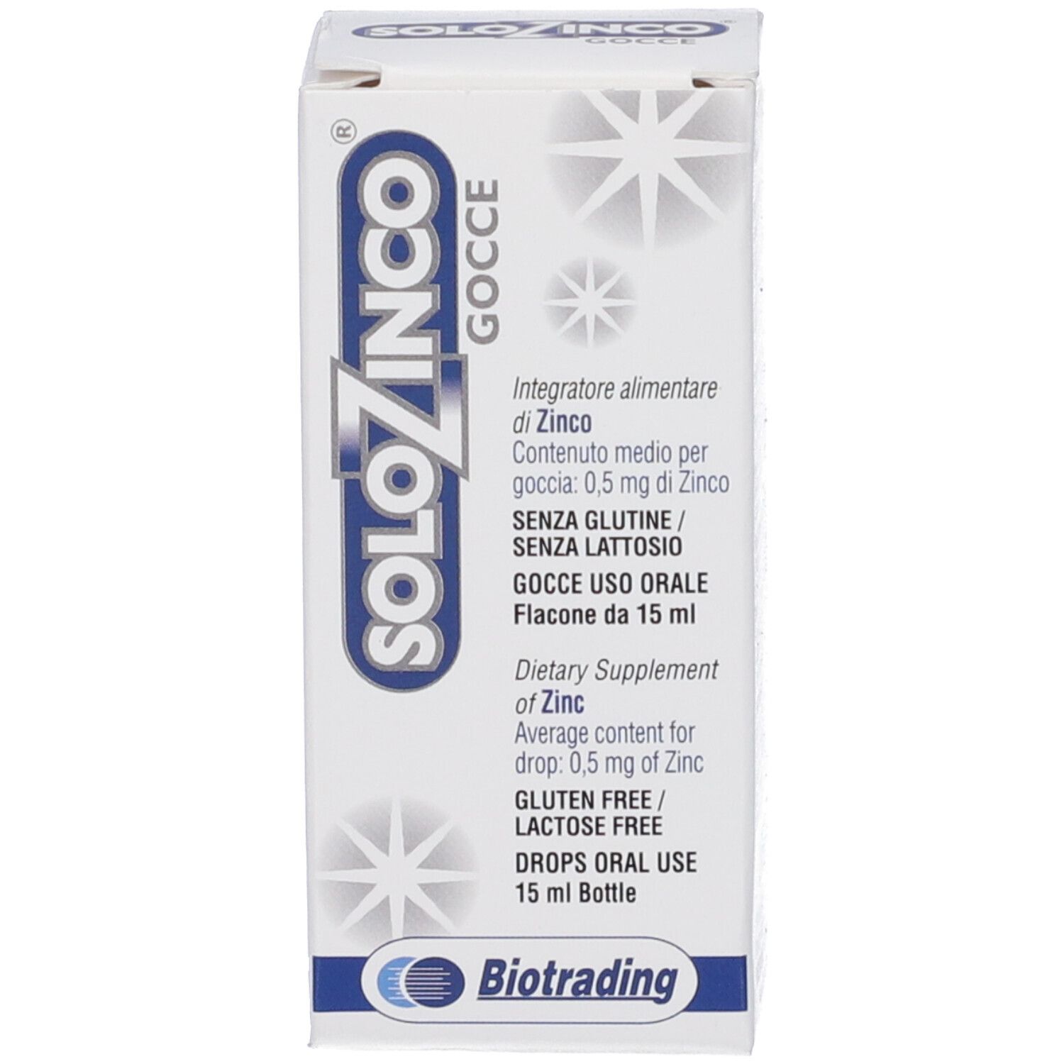 Confezione di Solozinco Gocce. Testo: Integratore alimentare di Zinco. Senza glutine/lattosio. Gocce uso orale.