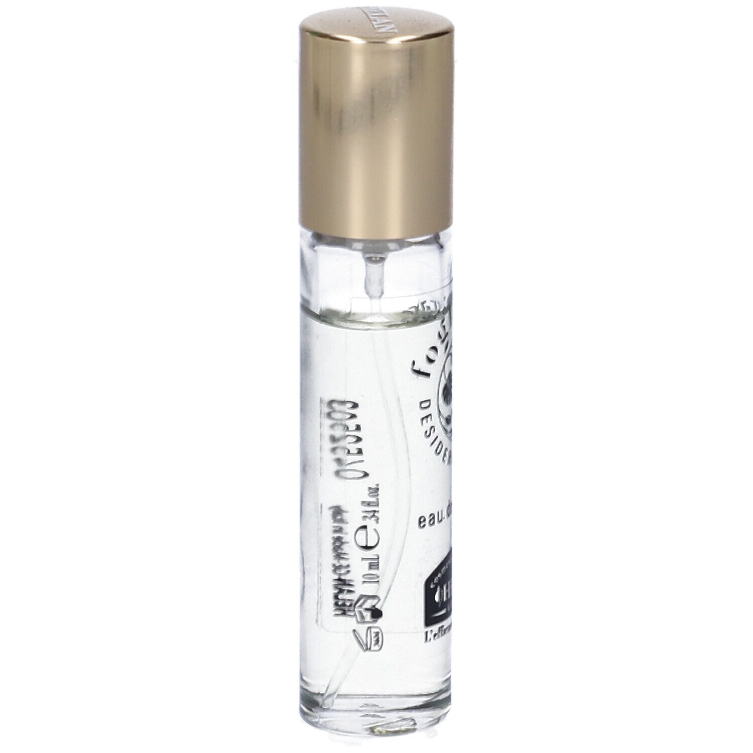 Flacone di profumo con tappo dorato. Scritta: FOGLIERARE DESIDERIO INTENSO Eau de Parfum. Marchio: HELAN.