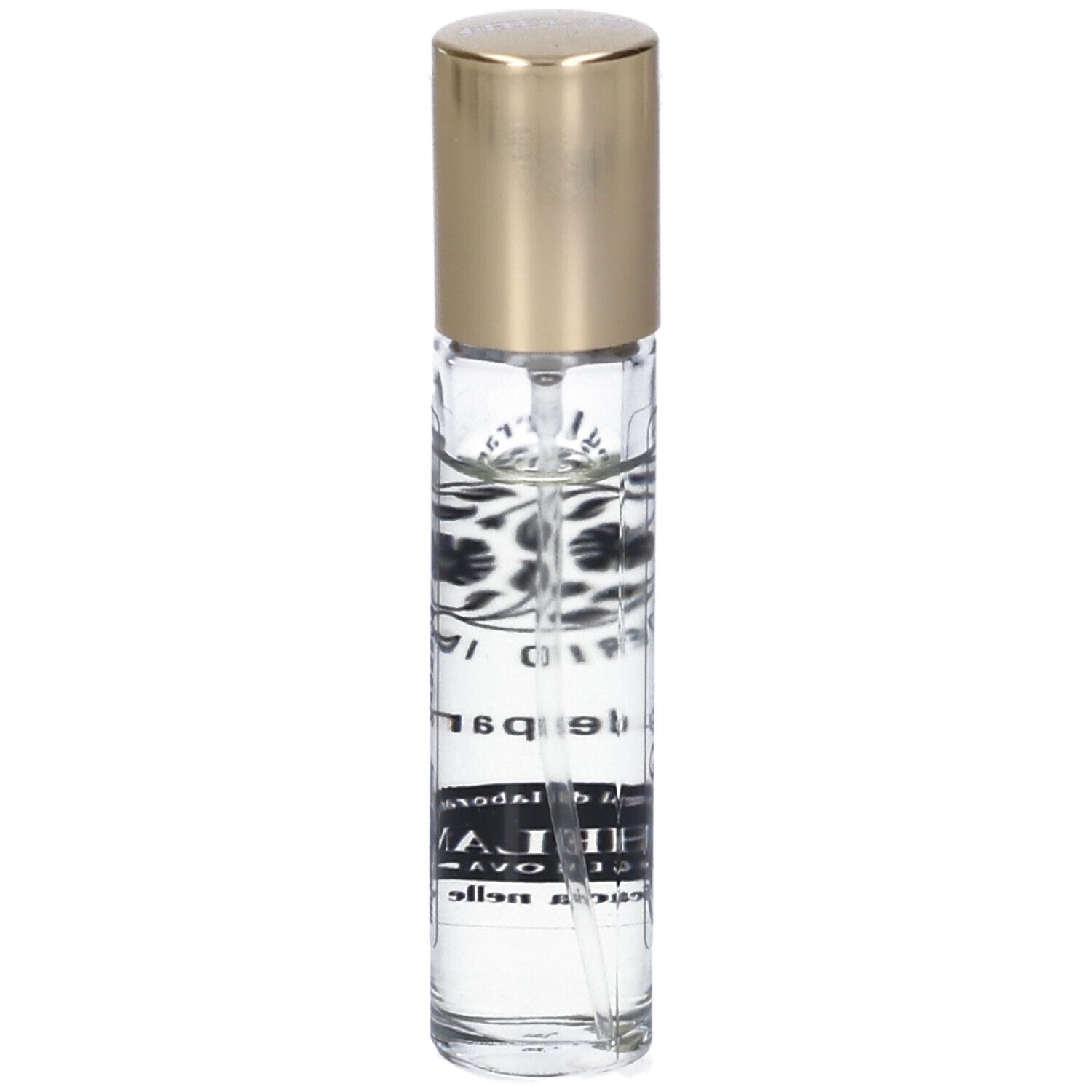 Flacone di profumo con tappo dorato. Scritta: FOGLIERARE DESIDERIO INTENSO Eau de Parfum. Marchio: HELAN.