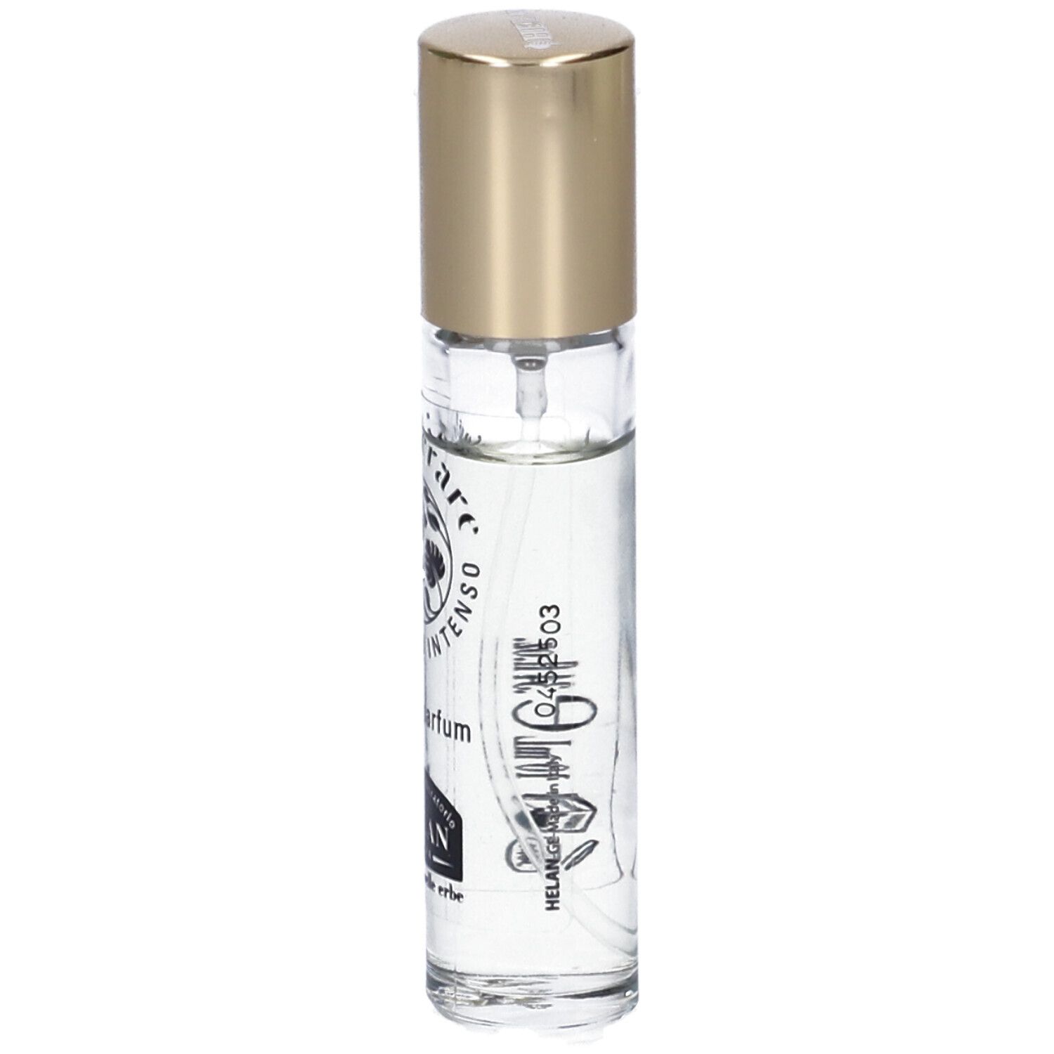 Flacone di profumo con tappo dorato. Scritta: FOGLIERARE DESIDERIO INTENSO Eau de Parfum. Marchio: HELAN.