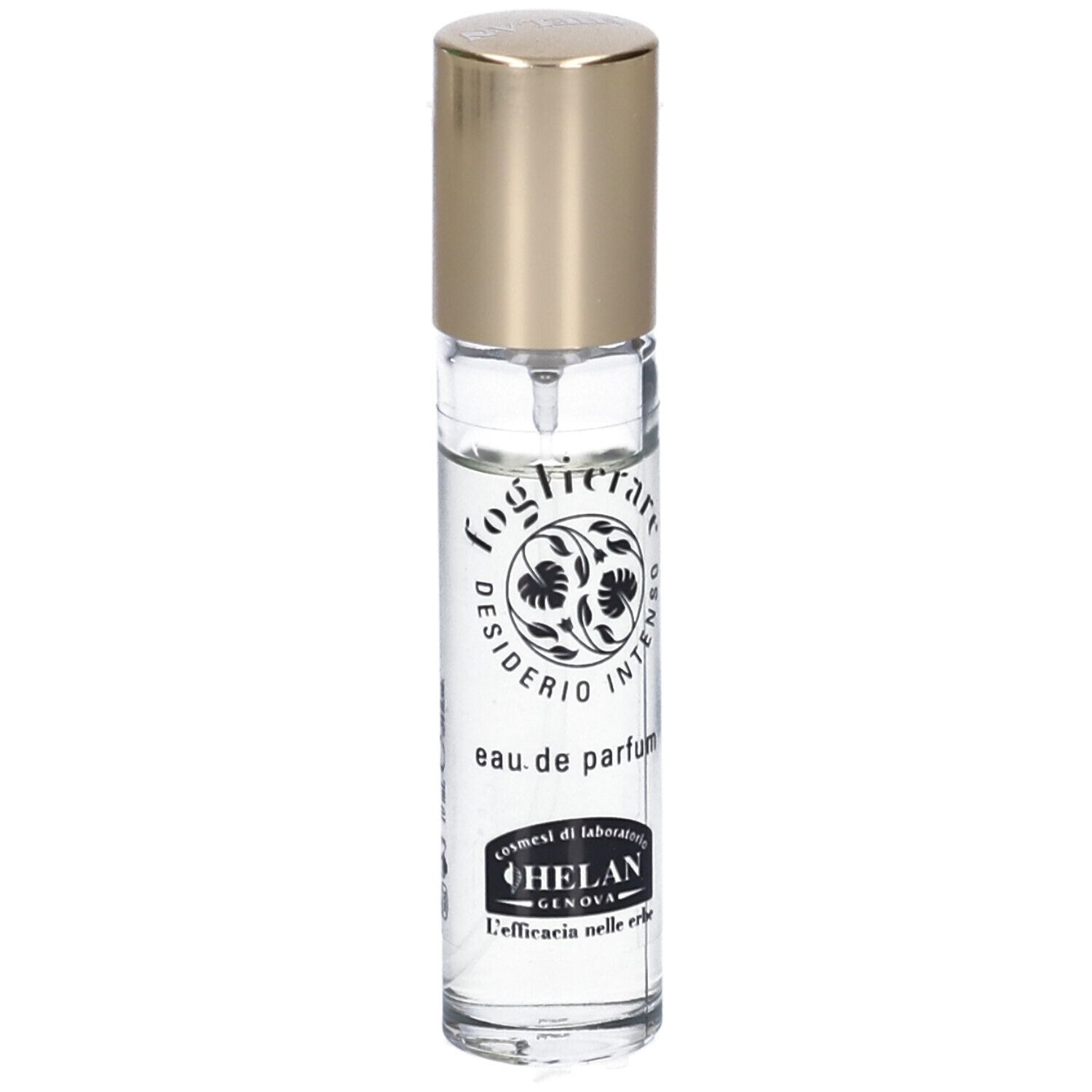 Flacone di profumo con tappo dorato. Scritta: FOGLIERARE DESIDERIO INTENSO Eau de Parfum. Marchio: HELAN.