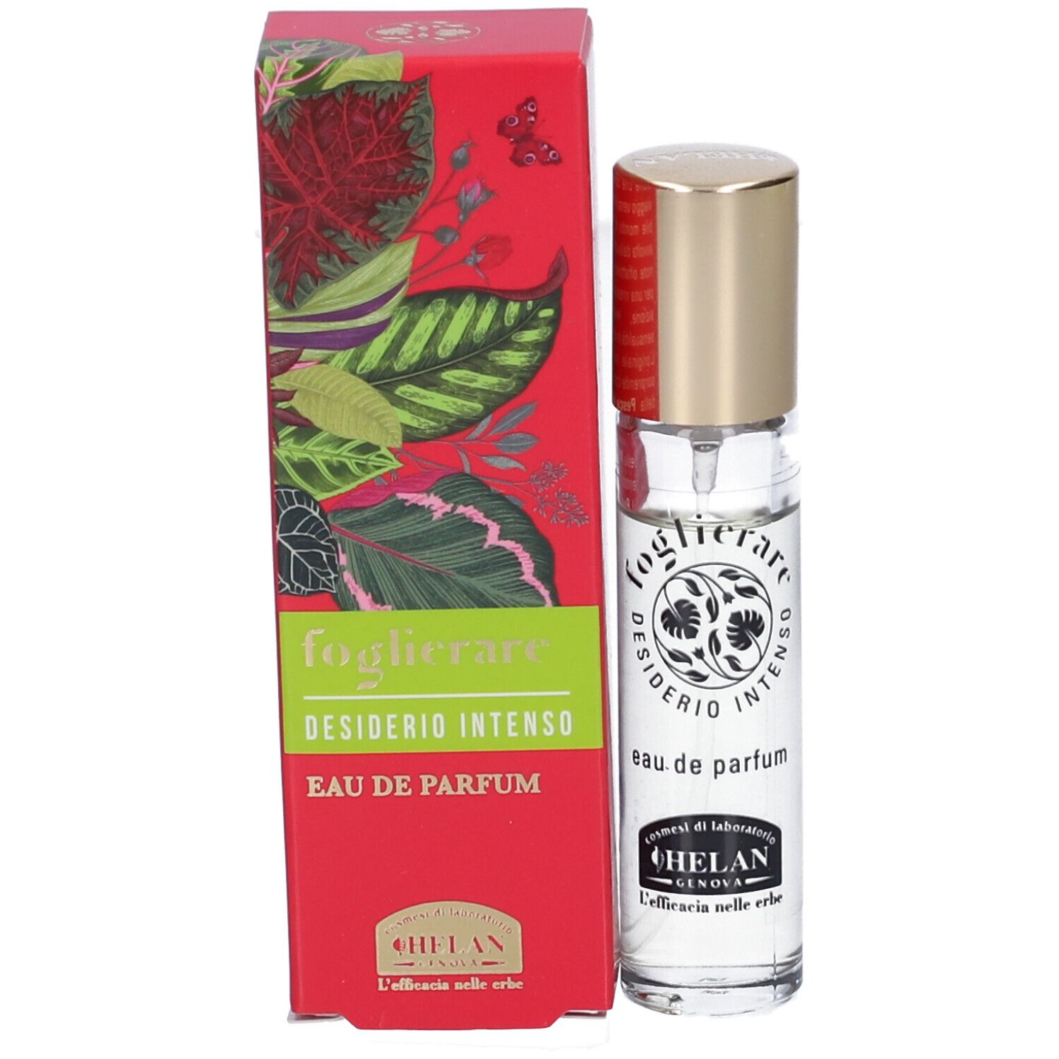 Flacone di profumo e confezione. Scritta: FOGLIERARE DESIDERIO INTENSO Eau de Parfum. Marchio: HELAN. Confezione rossa con foglie.