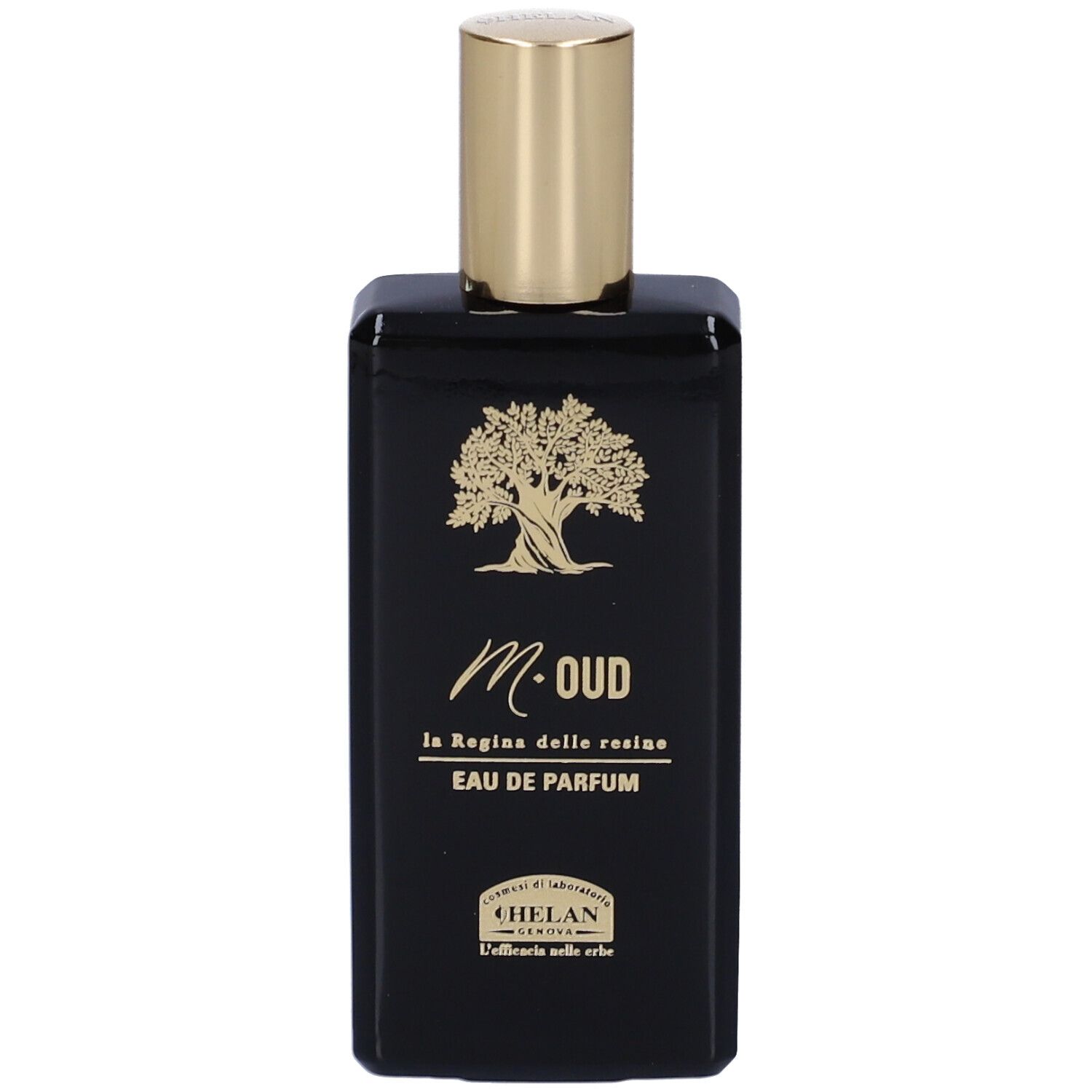 Flacone nero con tappo dorato. Scritta: M. Oud, Eau de Parfum. Logo albero.