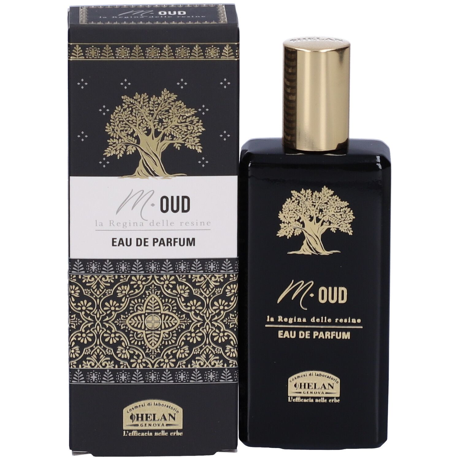 Flacone e confezione Helan M-OUD Eau de Parfum. Scatola nera con logo albero e scritta.