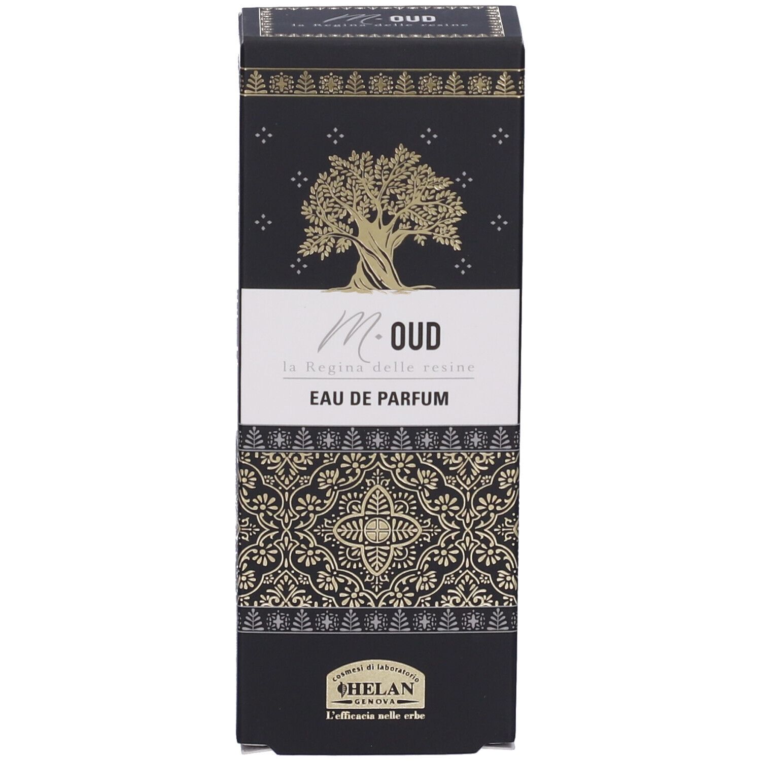 Confezione nera con logo albero e scritta M. Oud Eau de Parfum. Striscia bianca con testo.
