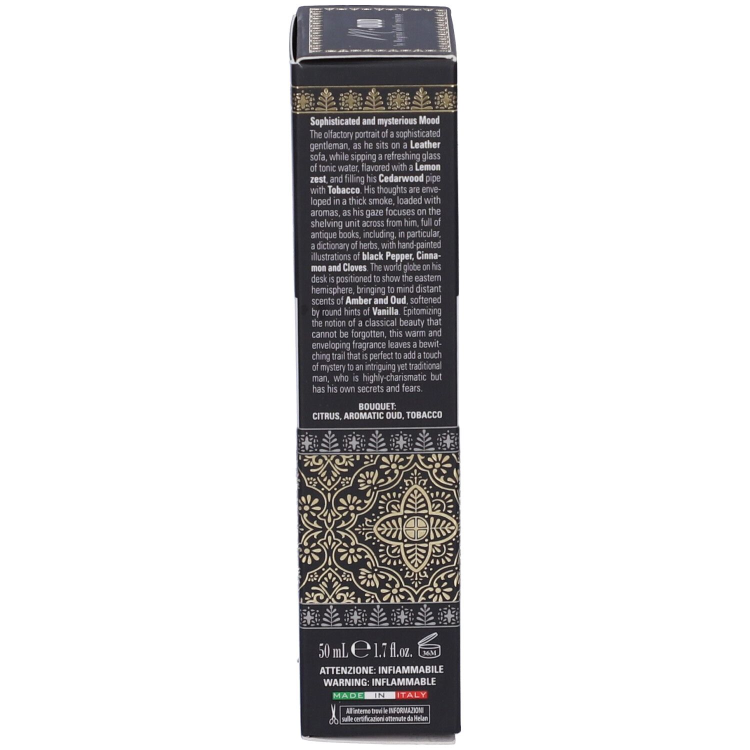 Lato della confezione. Descrizione della fragranza. 50 ml. Avvertenza. Prodotto in Italia.