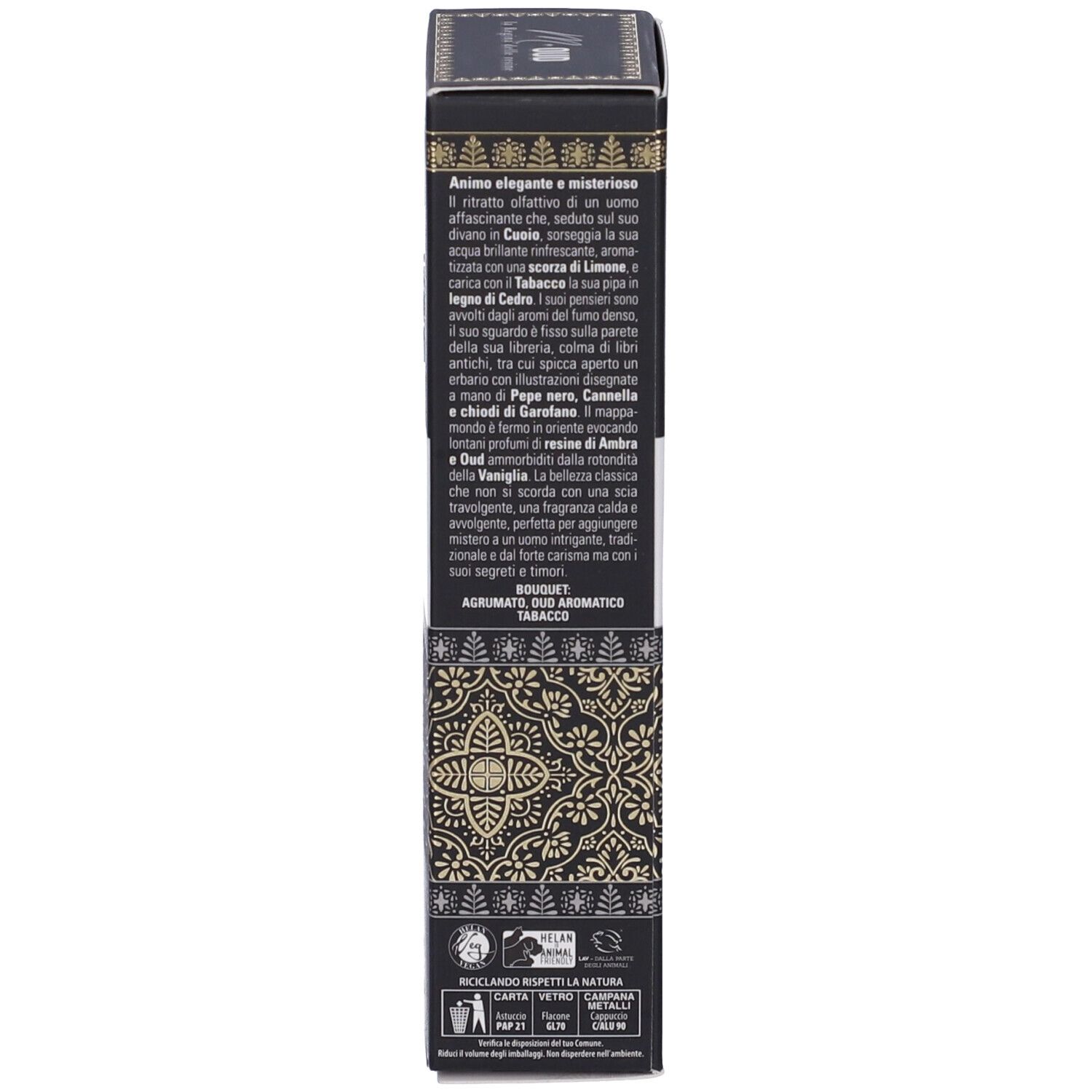 Lato della confezione. Descrizione della fragranza. 50 ml. Avvertenza. Prodotto in Italia.