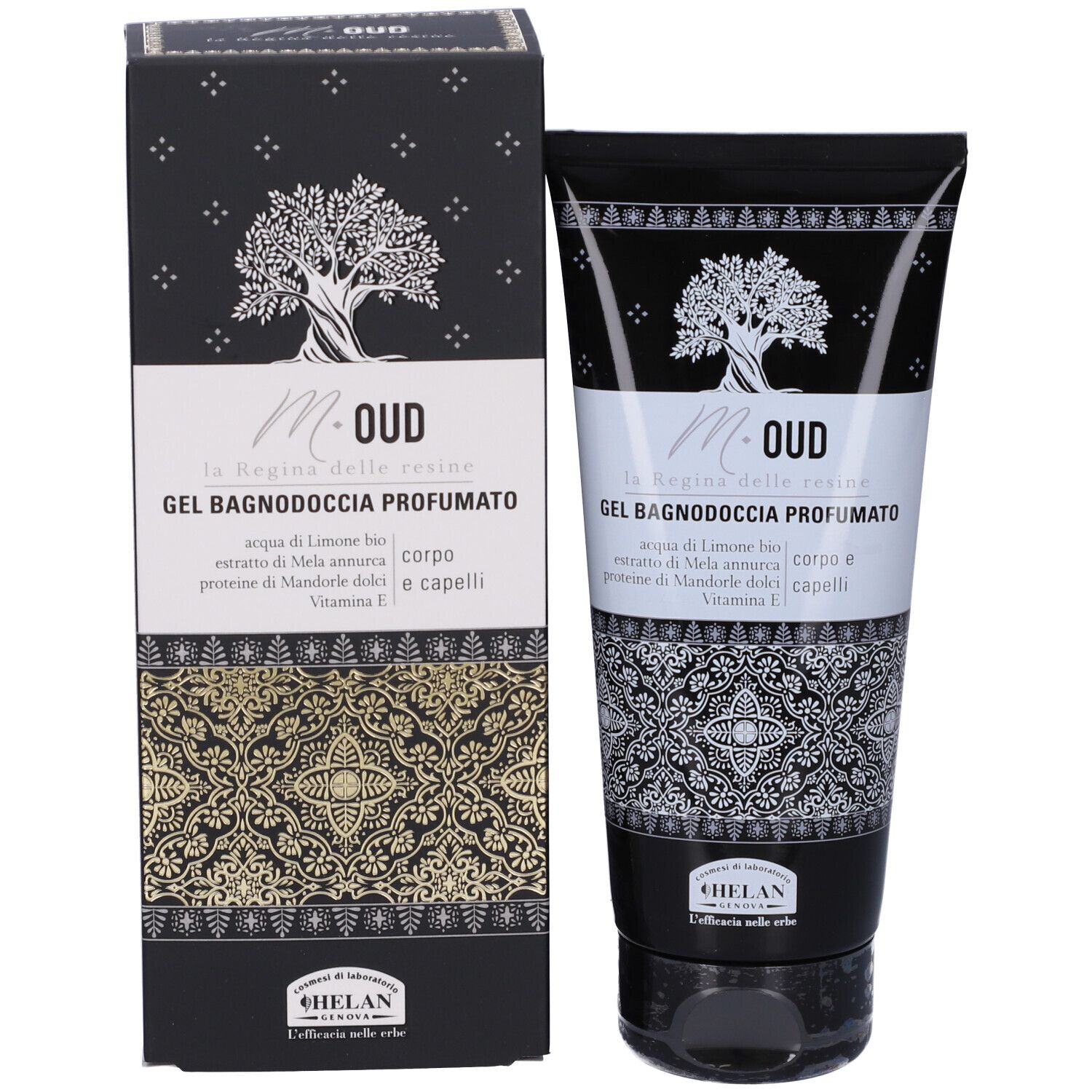 Confezione del prodotto. Scatola e tubo neri. Testo: M-OUD Gel Bagnodoccia Profumato. Marchio: Helan.