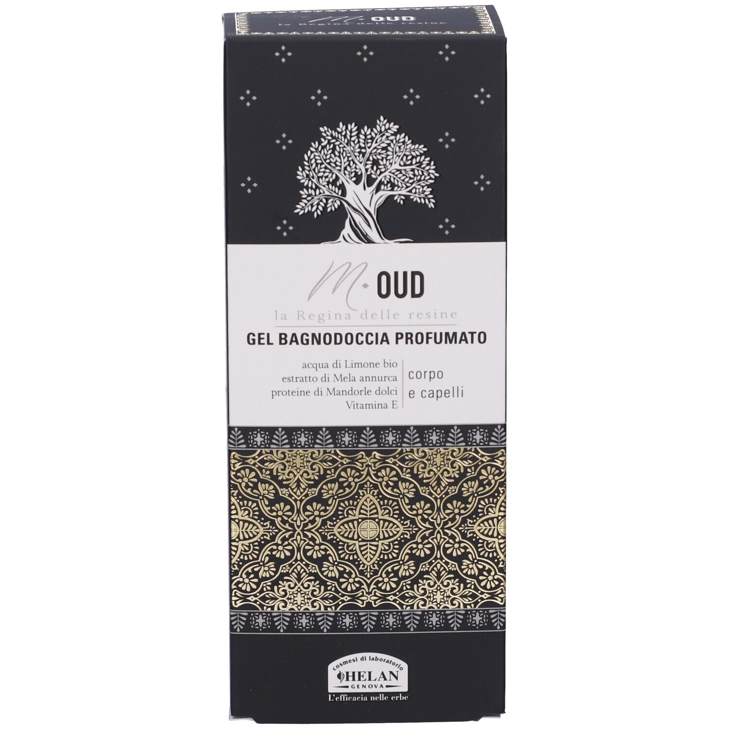 Scatola nera. Testo: M-OUD Gel Bagnodoccia Profumato. Marchio: Helan.