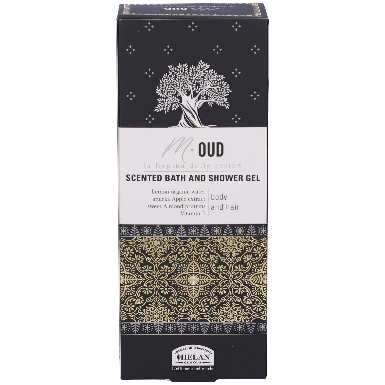 Scatola nera. Testo: Scented Bath and Shower Gel. Ingredienti. Marchio: Helan.