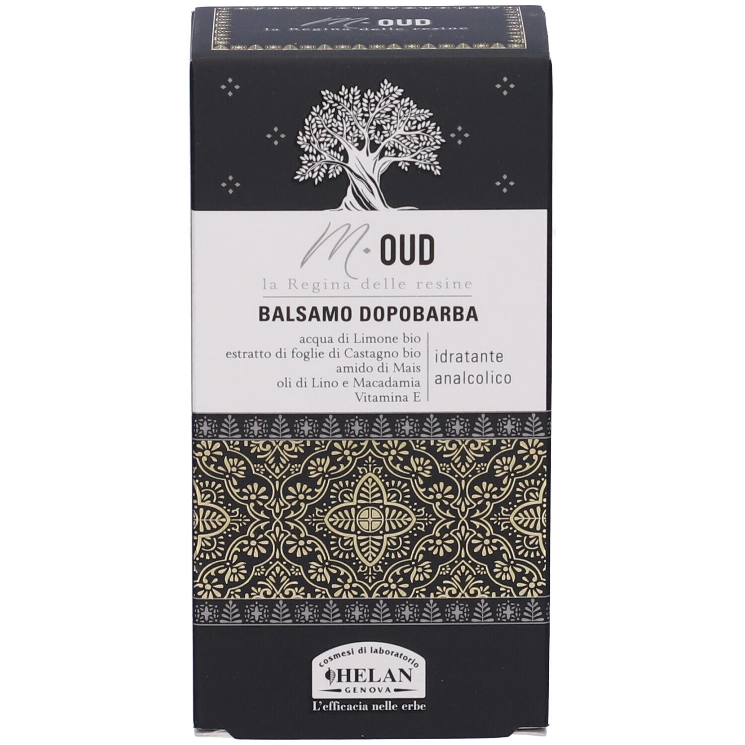 Scatola nera con scritta: M-OUD Balsamo Dopobarba. Logo: albero.