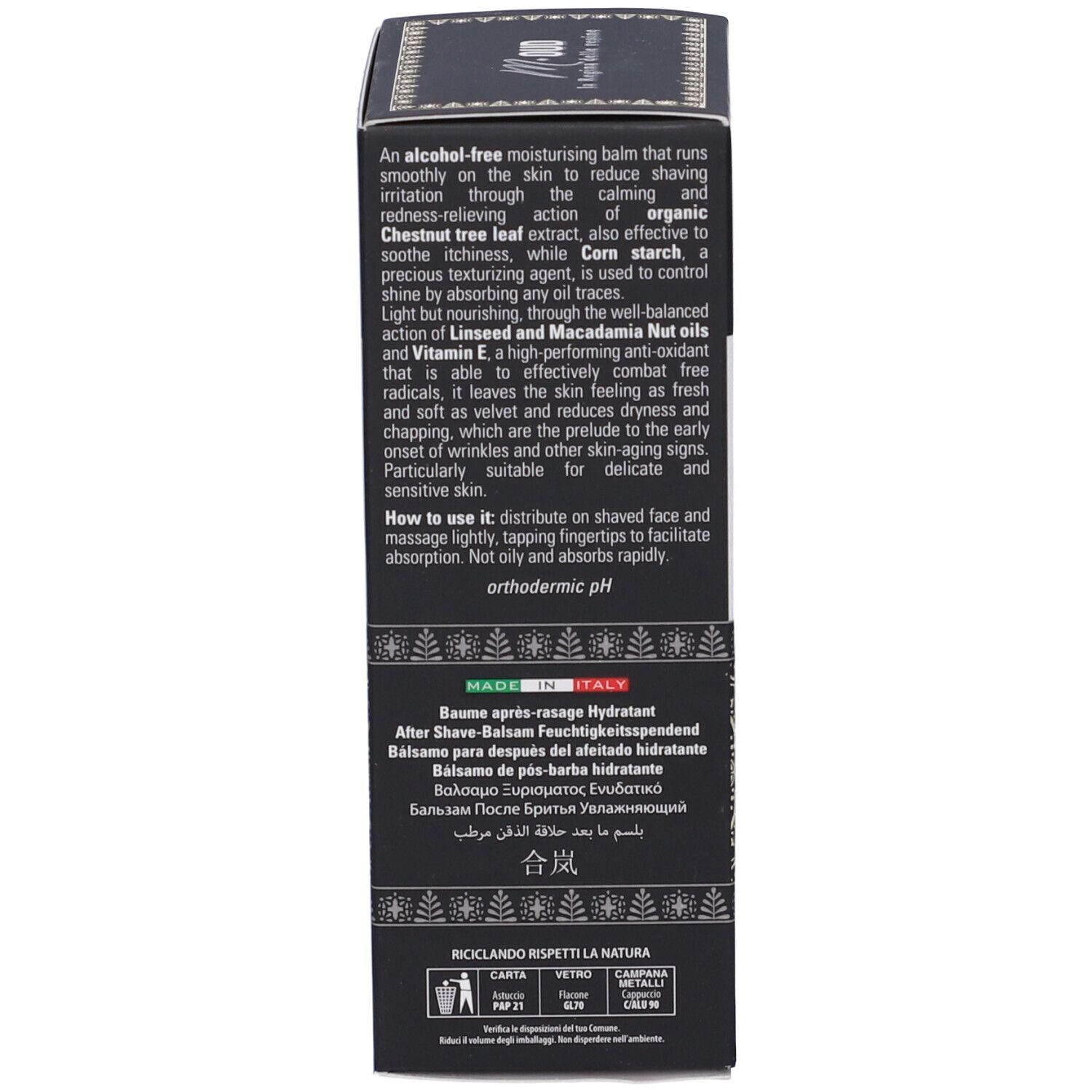 Scatola nera. Testo sugli ingredienti e l'uso. Loghi e testo.