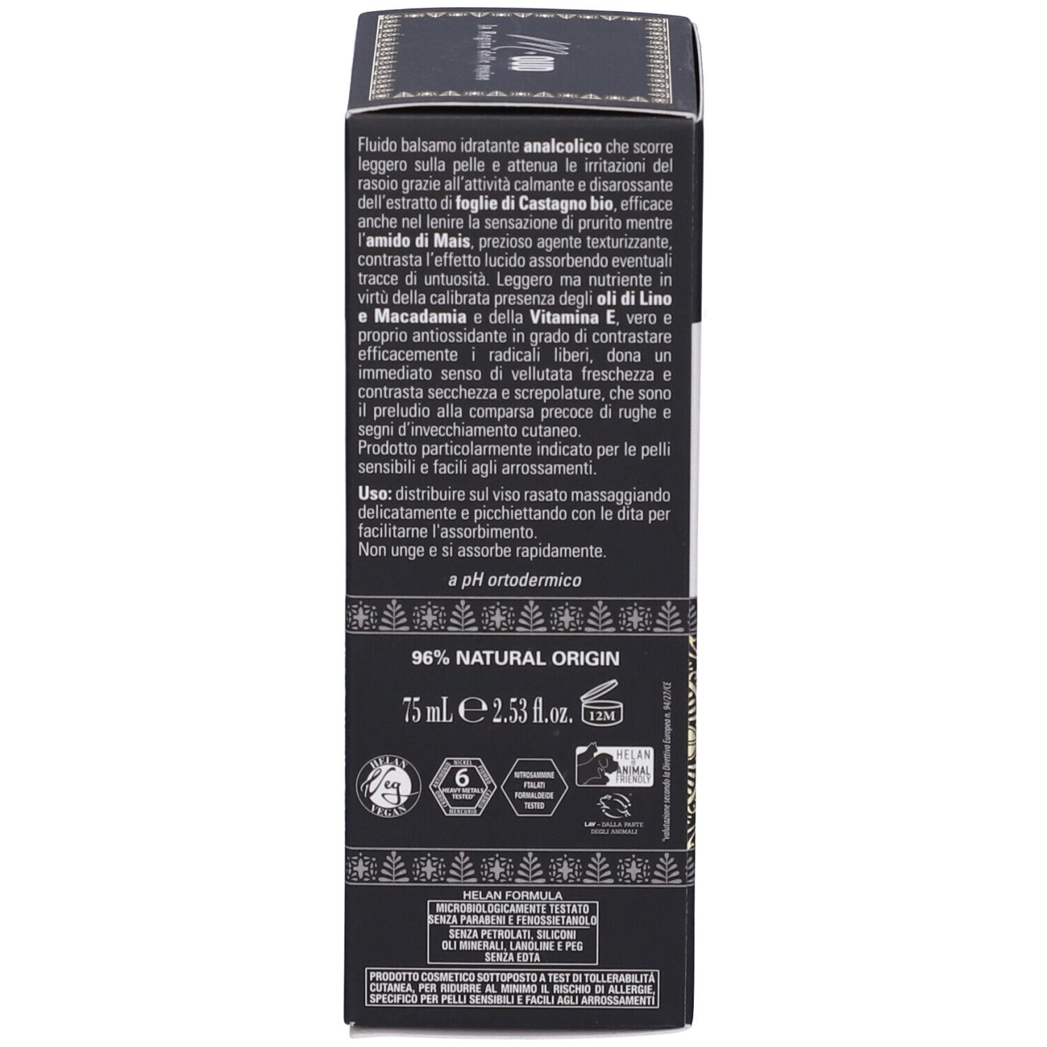 Scatola nera. Testo sugli ingredienti e le proprietà. Loghi e testo.