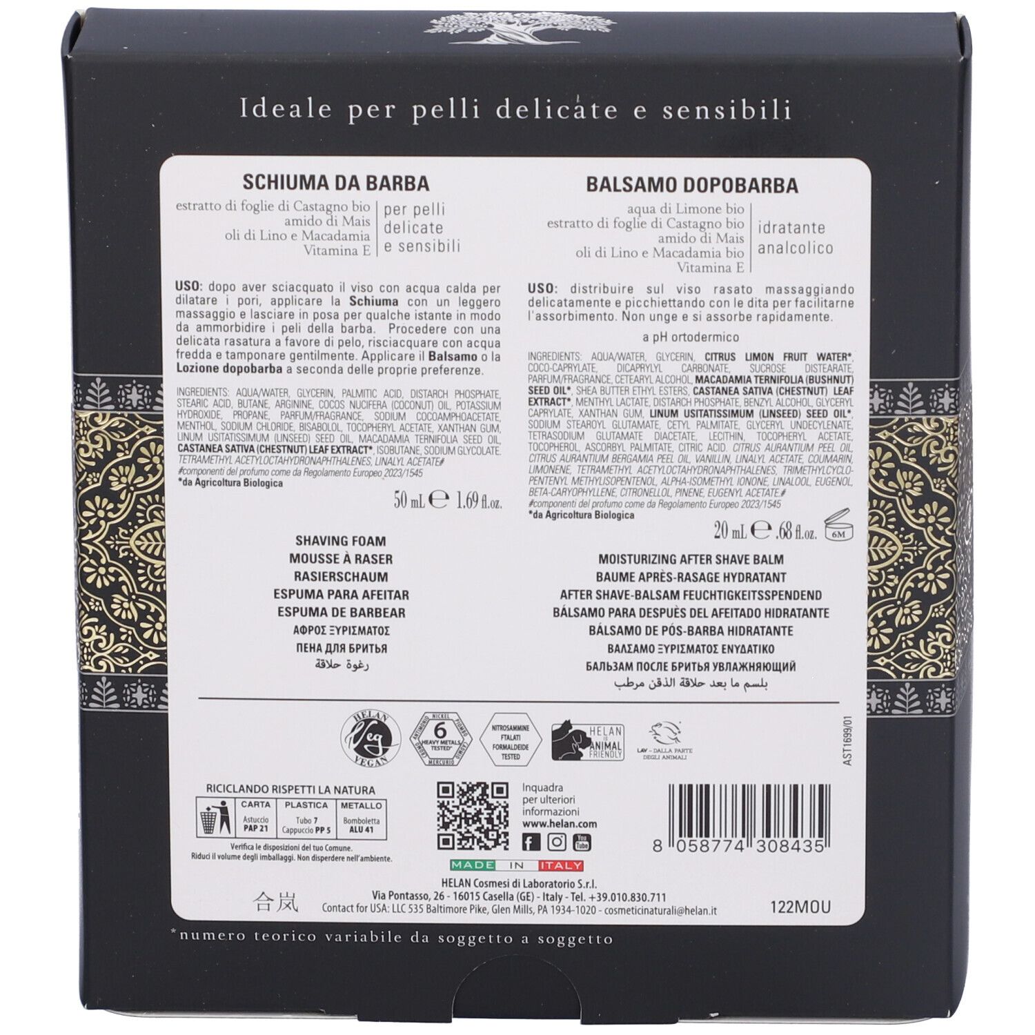 Retro della confezione regalo con informazioni sul prodotto. Testo multilingue. Loghi e certificazioni.