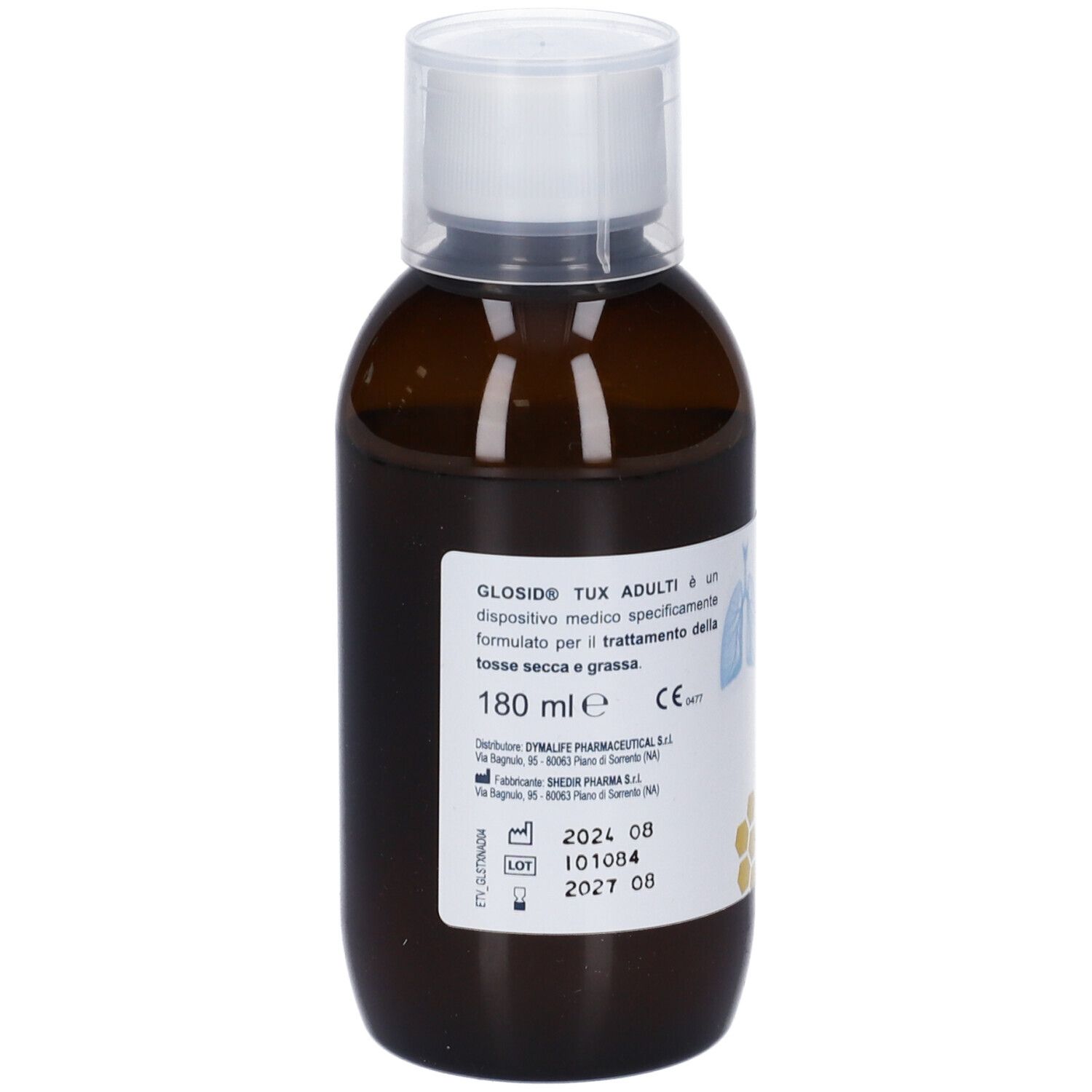 Flacone marrone con tappo bianco. Etichetta con informazioni sul prodotto e testo. Scritta: 180 ml, 2024 08, 2027 08.