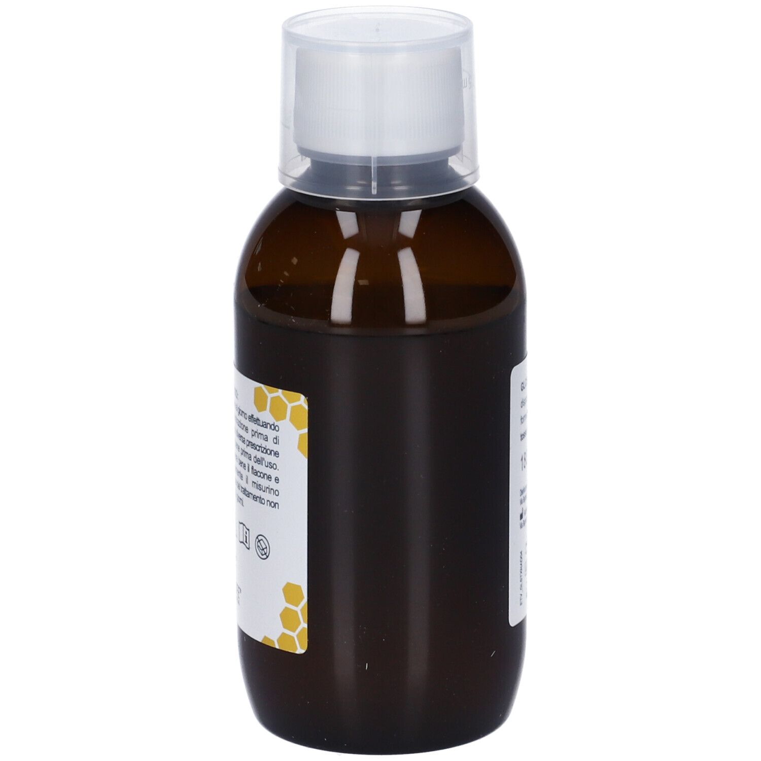 Flacone marrone con tappo bianco. Etichetta con informazioni sul prodotto e testo. Motivo a nido d'ape giallo.