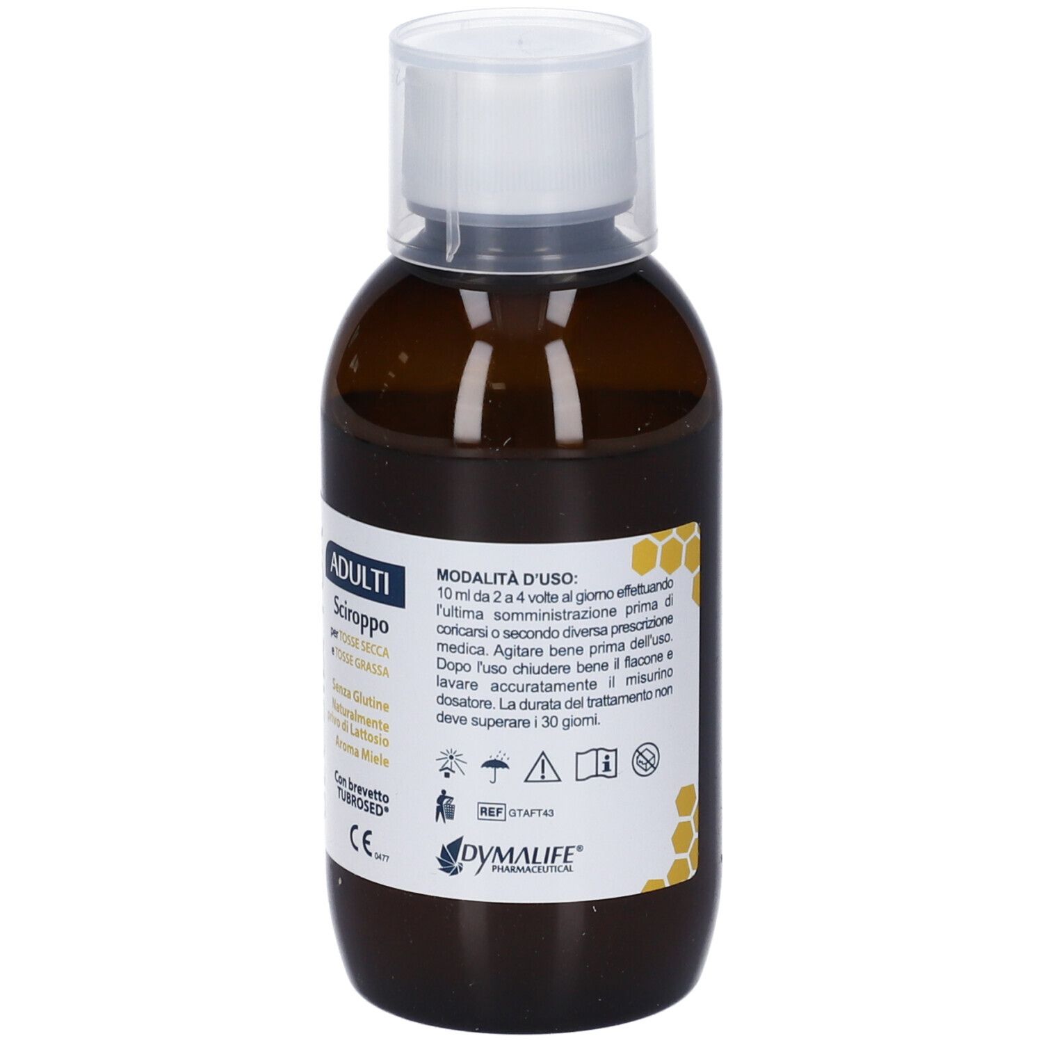 Flacone marrone con tappo bianco. Etichetta con informazioni sul prodotto e testo. Scritta: ADULTI, Sciroppo.