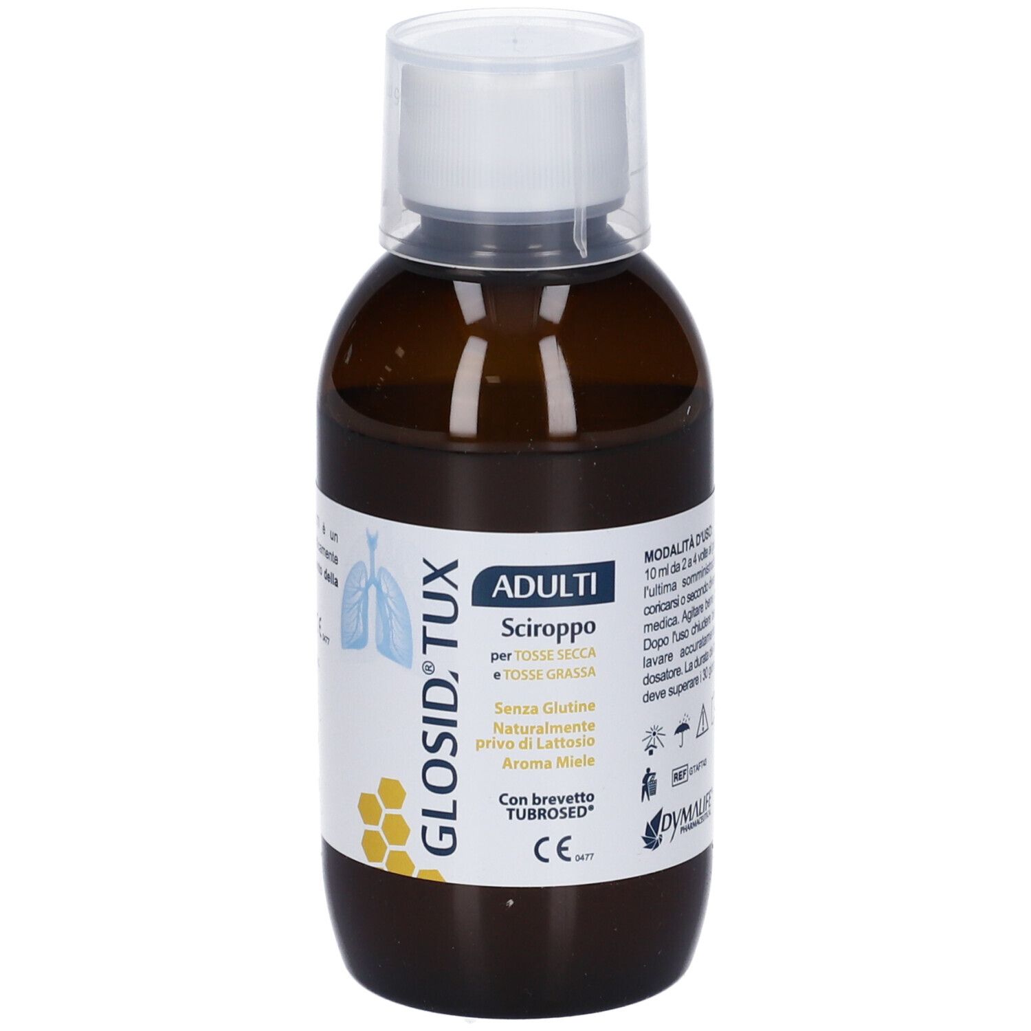 Flacone marrone con tappo bianco. Etichetta con informazioni sul prodotto e testo. Scritta: ADULTI, Sciroppo.