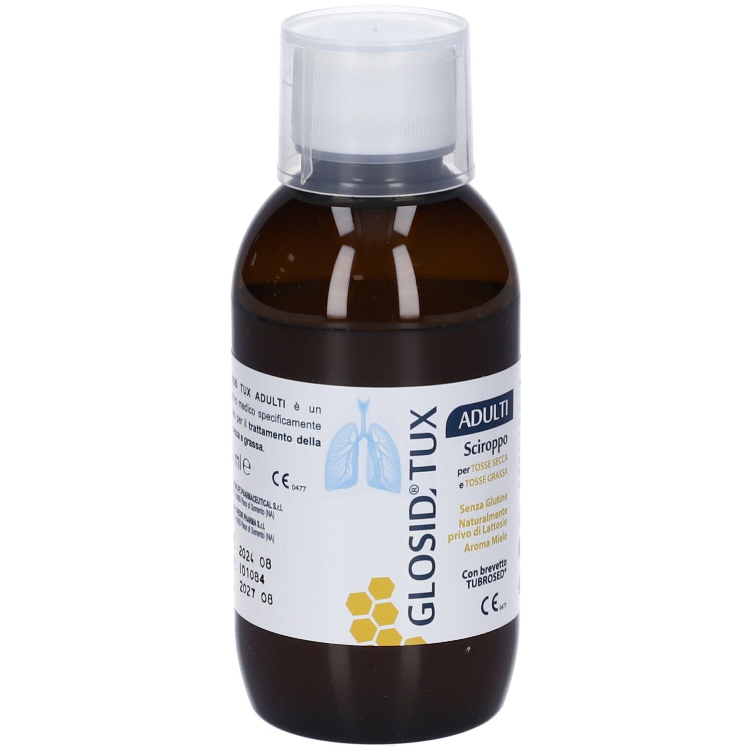 Flacone marrone con tappo bianco. Etichetta con informazioni sul prodotto e testo. Scritta: ADULTI, Sciroppo.