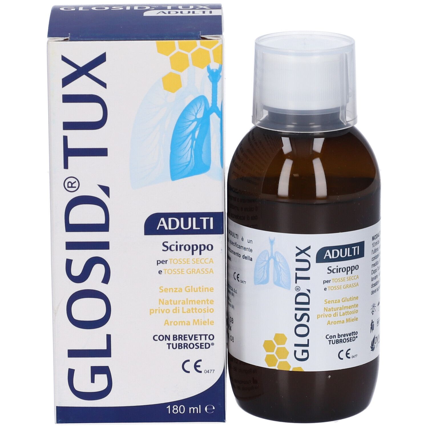 Confezione e flacone del prodotto. Scritta: GLOSID, TUX, ADULTI, Sciroppo. Flacone: marrone, tappo bianco.