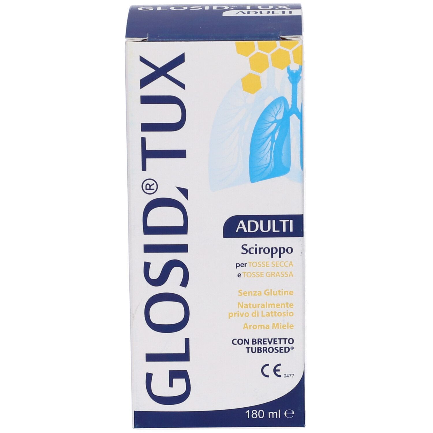 Confezione del prodotto. Scritta: GLOSID, TUX, ADULTI, Sciroppo. Motivo a nido d'ape giallo. 180 ml.