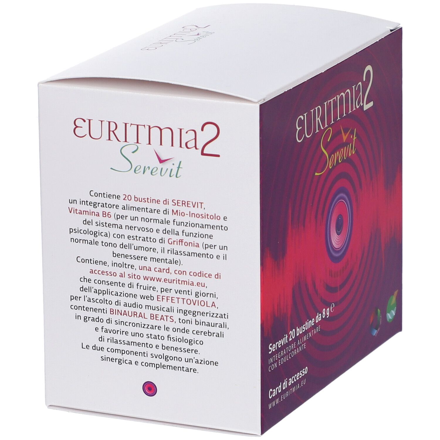 Retro della confezione Euritmia 2 Serevit. Testo con ingredienti e istruzioni. Contiene 20 bustine e una card per l'accesso online.