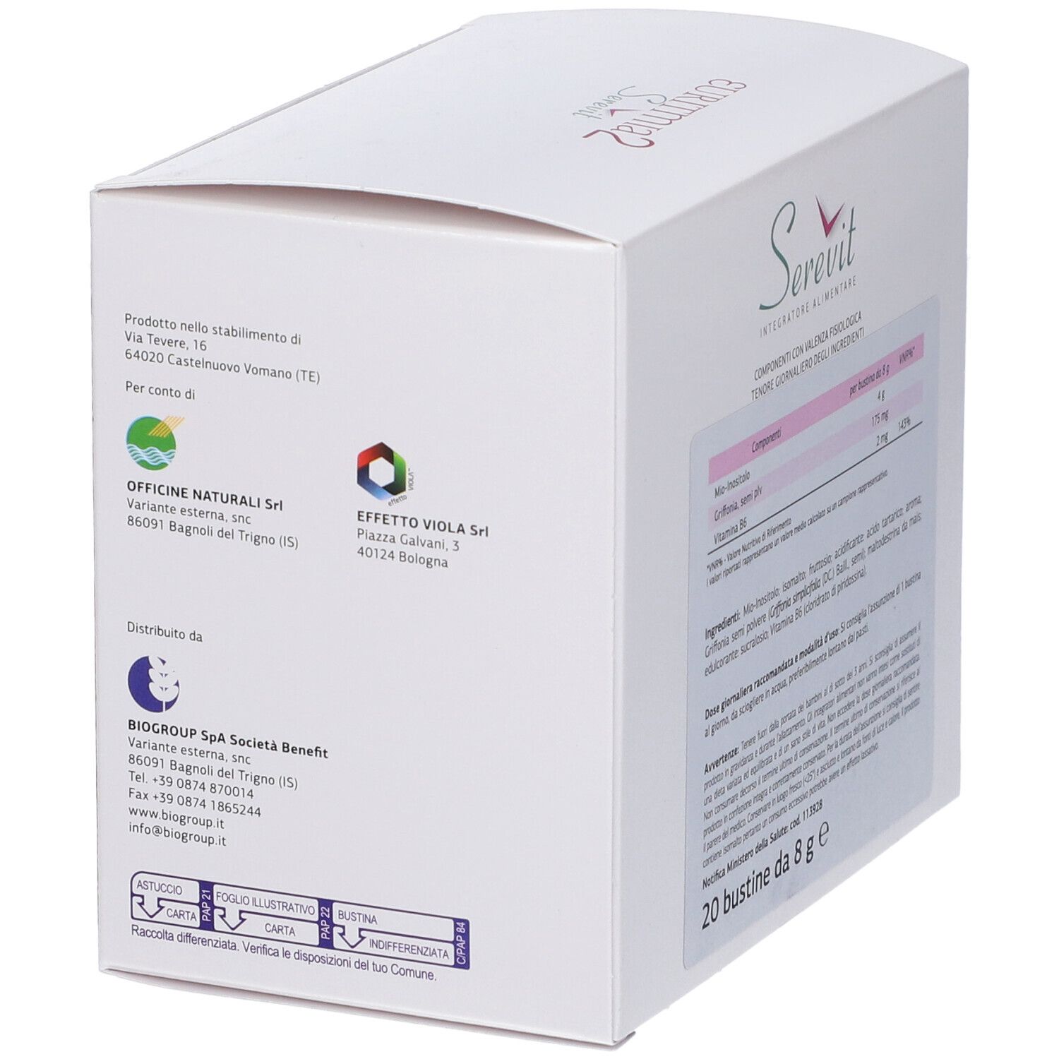 Retro della confezione Euritmia 2 Serevit. Informazioni del produttore e dettagli. Contiene 20 bustine.