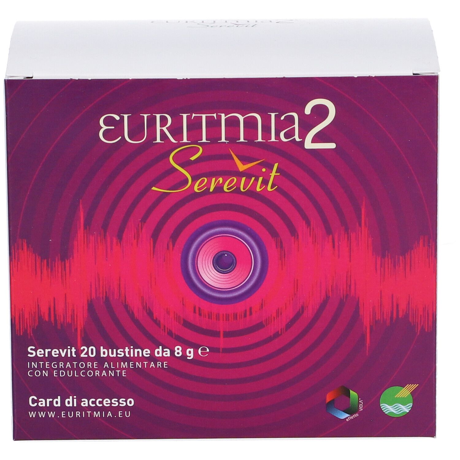 Confezione di Euritmia 2 Serevit. Scatola viola e bianca con nome del prodotto e dettagli. Contiene 20 bustine e una card per l'accesso online.