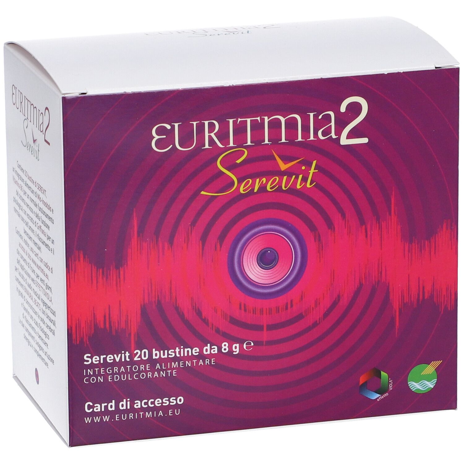 Confezione di Euritmia 2 Serevit. Scatola viola e bianca con nome del prodotto e dettagli. Contiene 20 bustine e una card per l'accesso online.