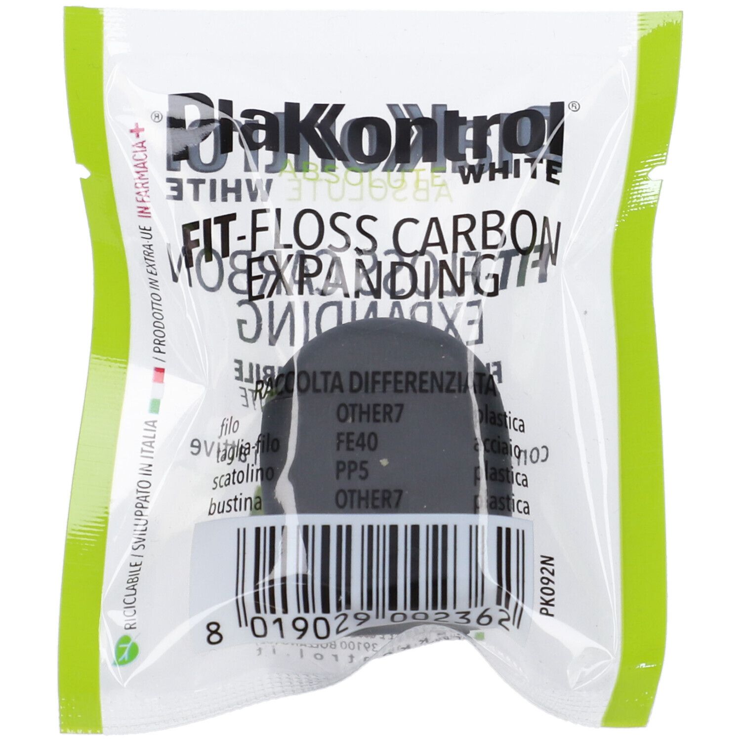 Confezione di filo interdentale DiaKontrol Fit-Floss Carbon Expanding. Dispenser nero con filo interdentale.