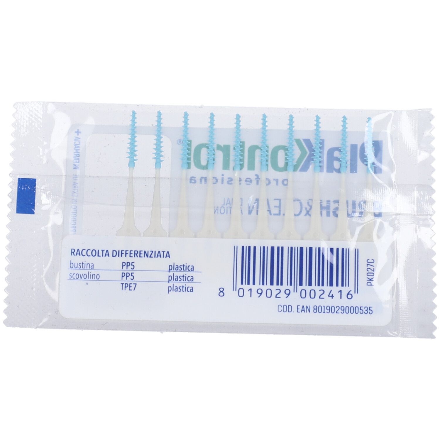 Confezione da 10 spazzolini interdentali con setole blu e manico chiaro.