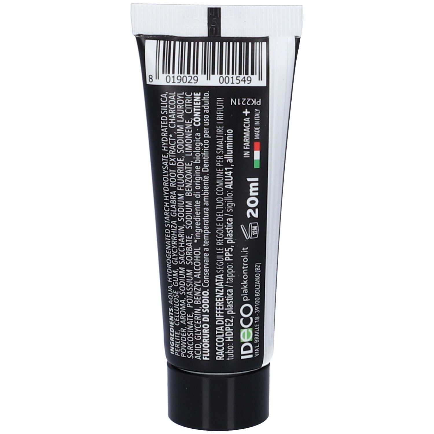 Retro del tubetto di dentifricio Plakkontrol Absolute White. Contiene ingredienti, codice a barre, indicazione 20ml e informazioni origine.