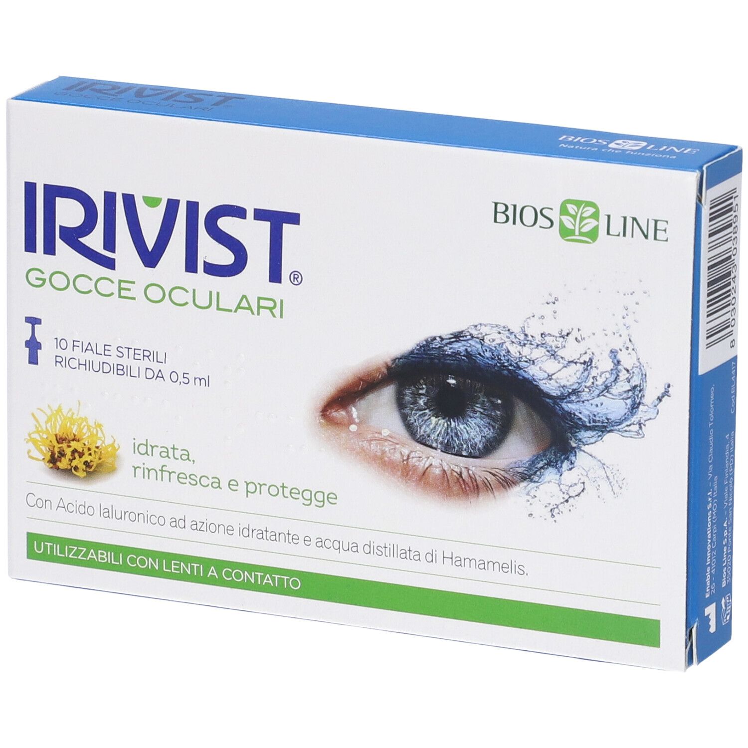 Scatola di Irivist Gocce Oculari. Contiene 10 fiale sterili. Immagine di un occhio con acqua. Scritta in italiano.