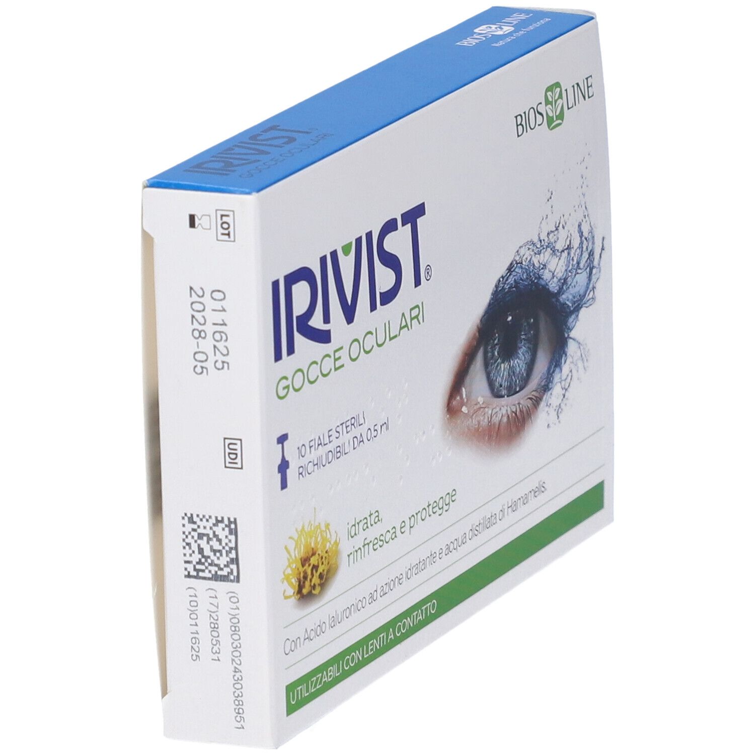 Scatola di Irivist Gocce Oculari. Contiene 10 fiale. Confezione blu e bianca. Scritta in italiano.