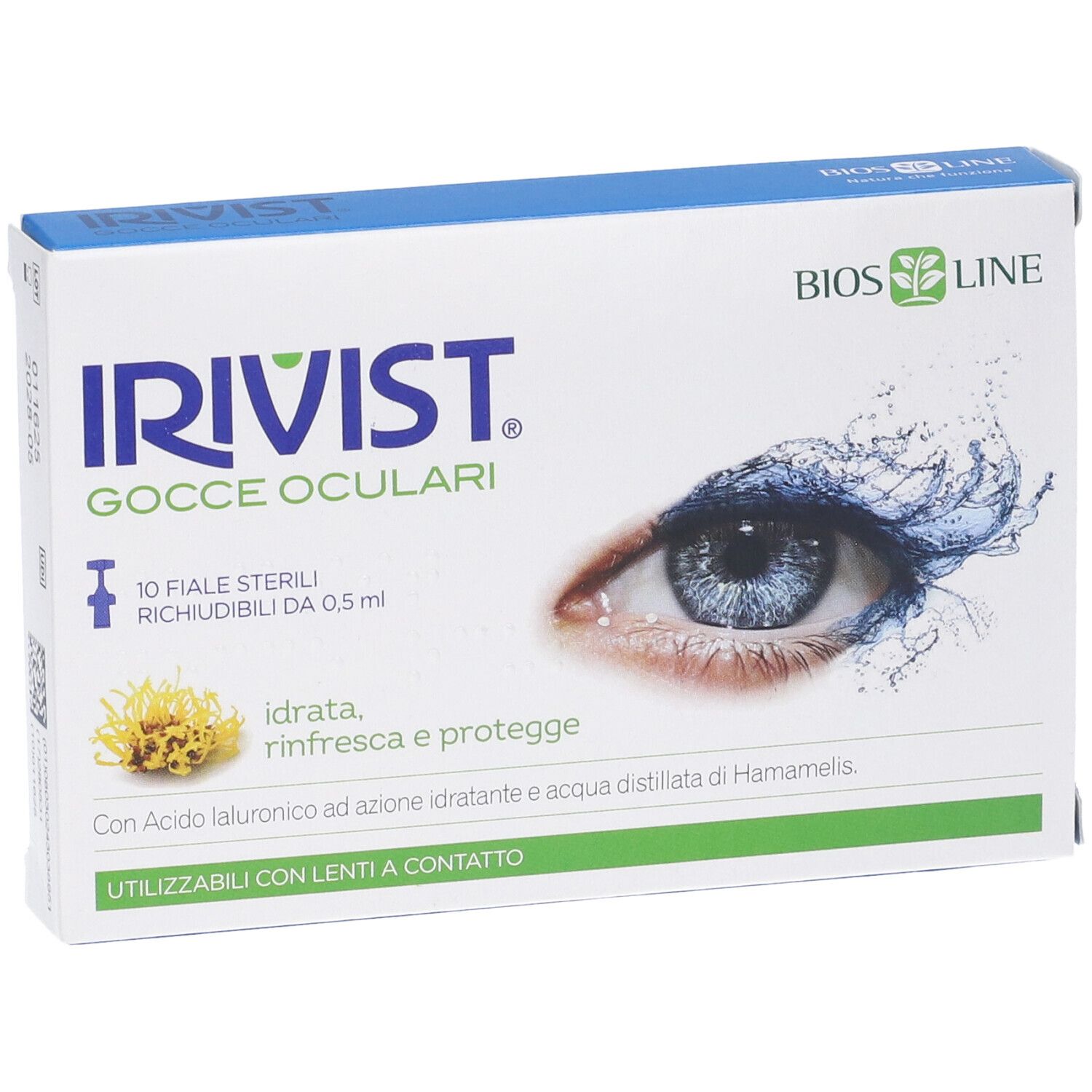 Scatola di Irivist Gocce Oculari. Contiene 10 fiale sterili. Immagine di un occhio con acqua. Scritta in italiano.