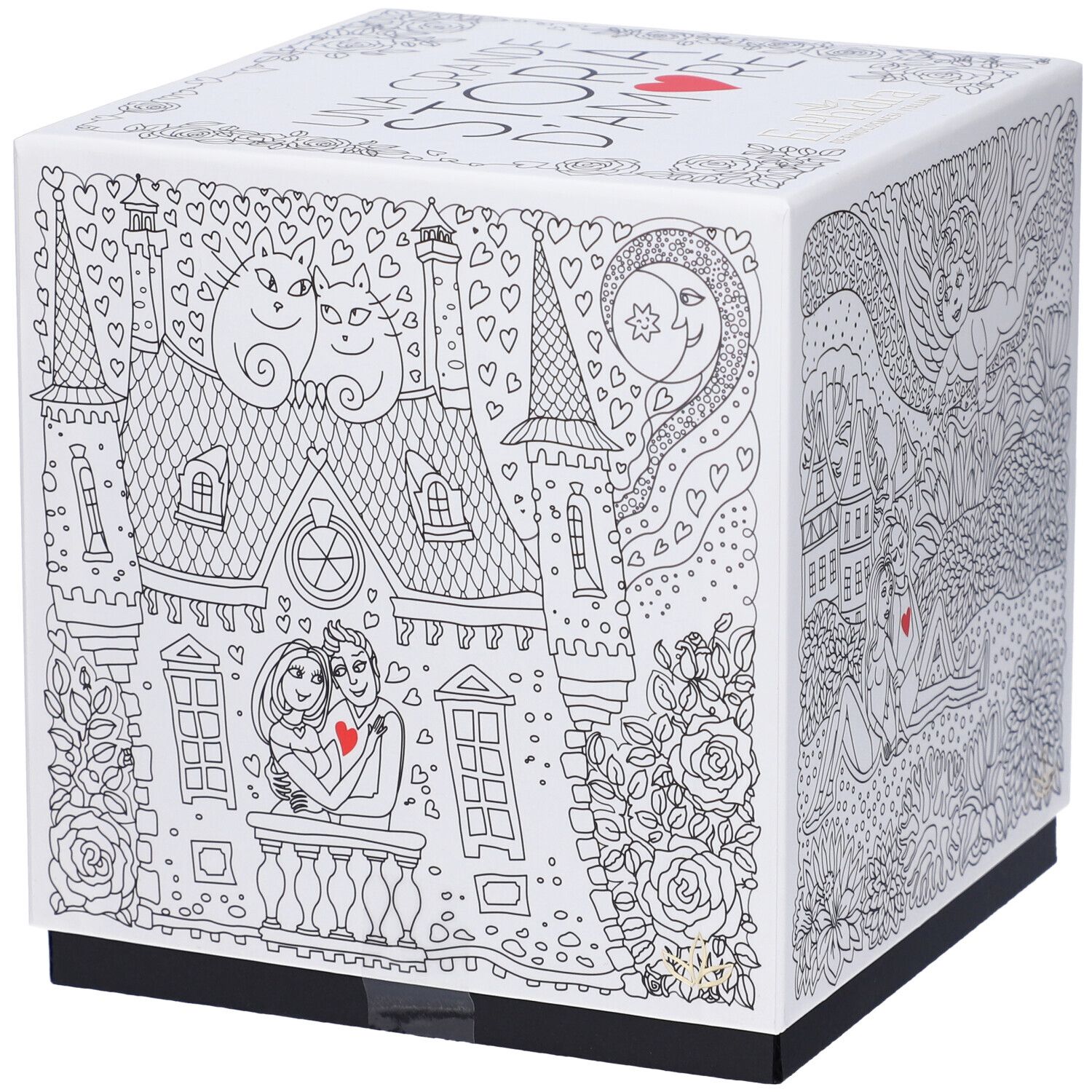 Scatola cubica bianca con illustrazioni in bianco e nero. Testo: Una Grande Storia D'Amore. Accento cuore rosso. Base nera.