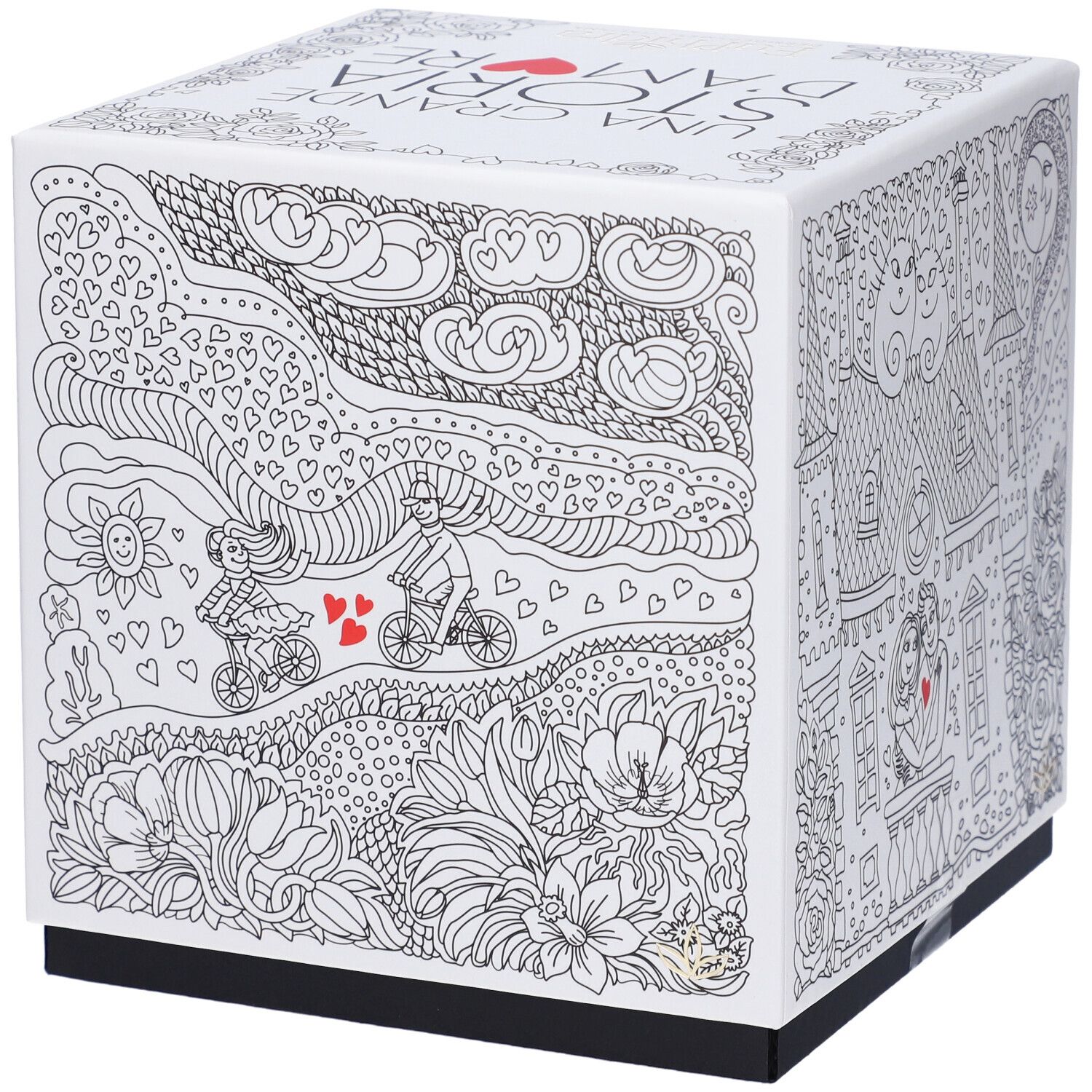 Scatola cubica bianca con illustrazioni in bianco e nero. Testo: Una Grande Storia D'Amore. Accento cuore rosso. Base nera.