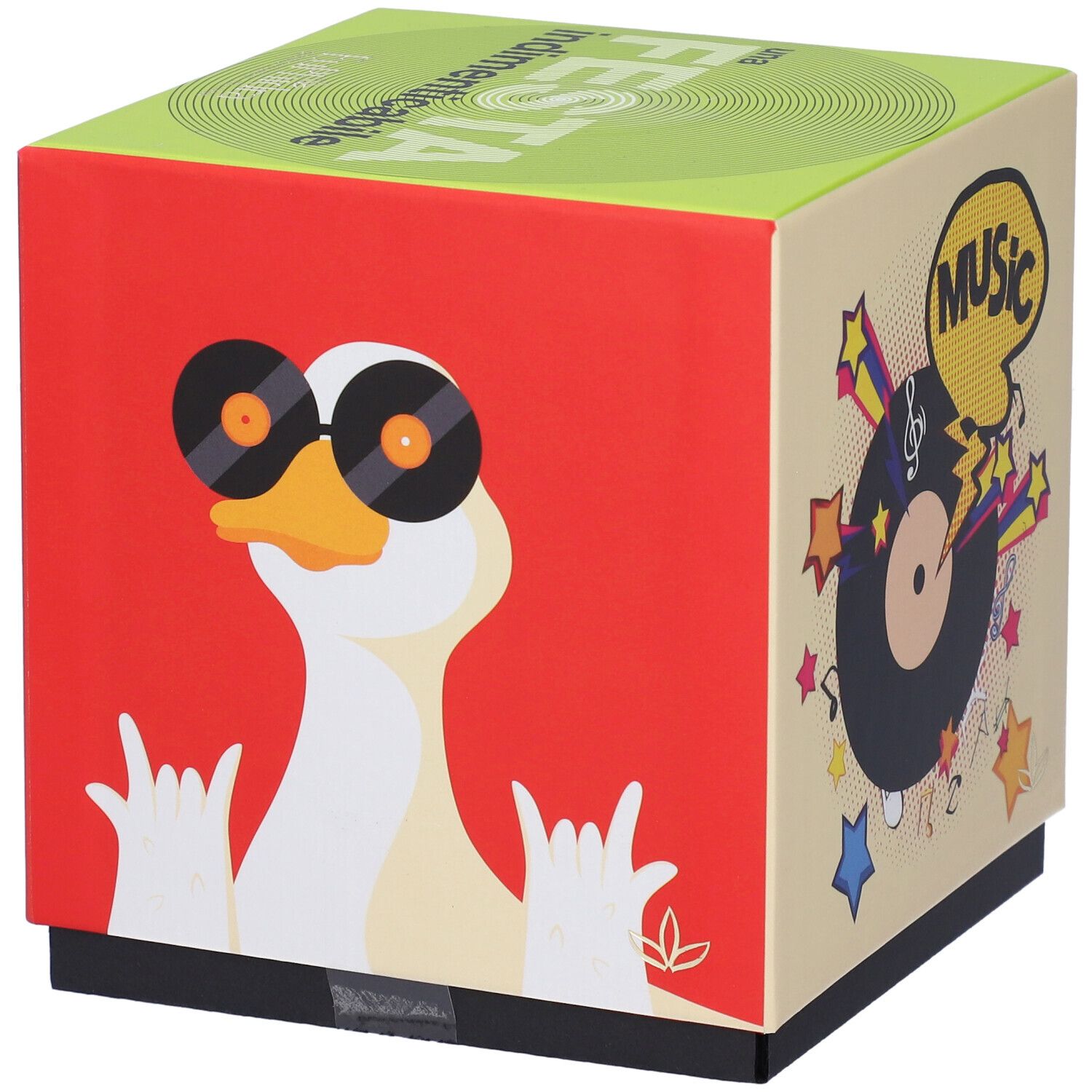 Scatola regalo quadrata con illustrazioni. Su sfondo rosso, un'anatra con occhiali da sole e un disco in vinile. Scritta sulla parte superiore.