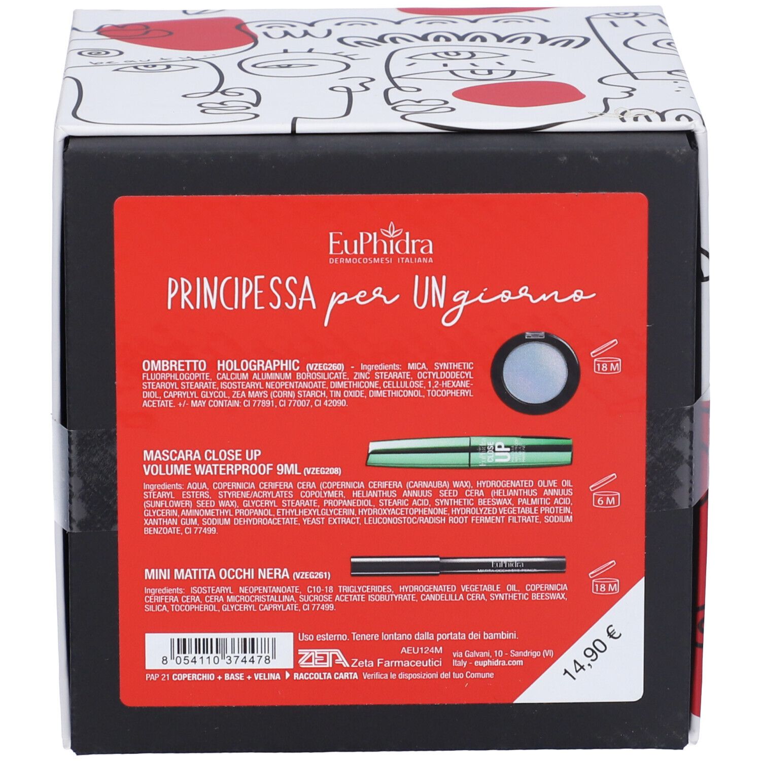 Scatola regalo quadrata con sfondo bianco e illustrazioni rosse e nere. Scritta: Principessa Per Un Giorno.