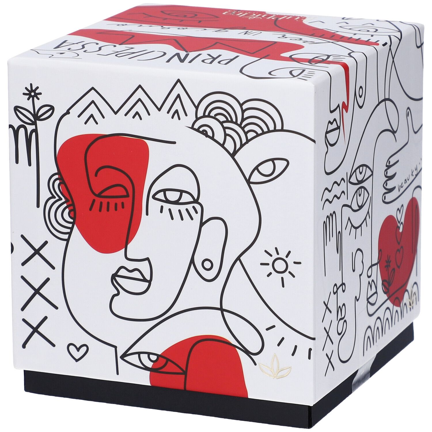 Scatola regalo quadrata con sfondo bianco e illustrazioni rosse e nere. Scritta: Principessa Per Un Giorno.