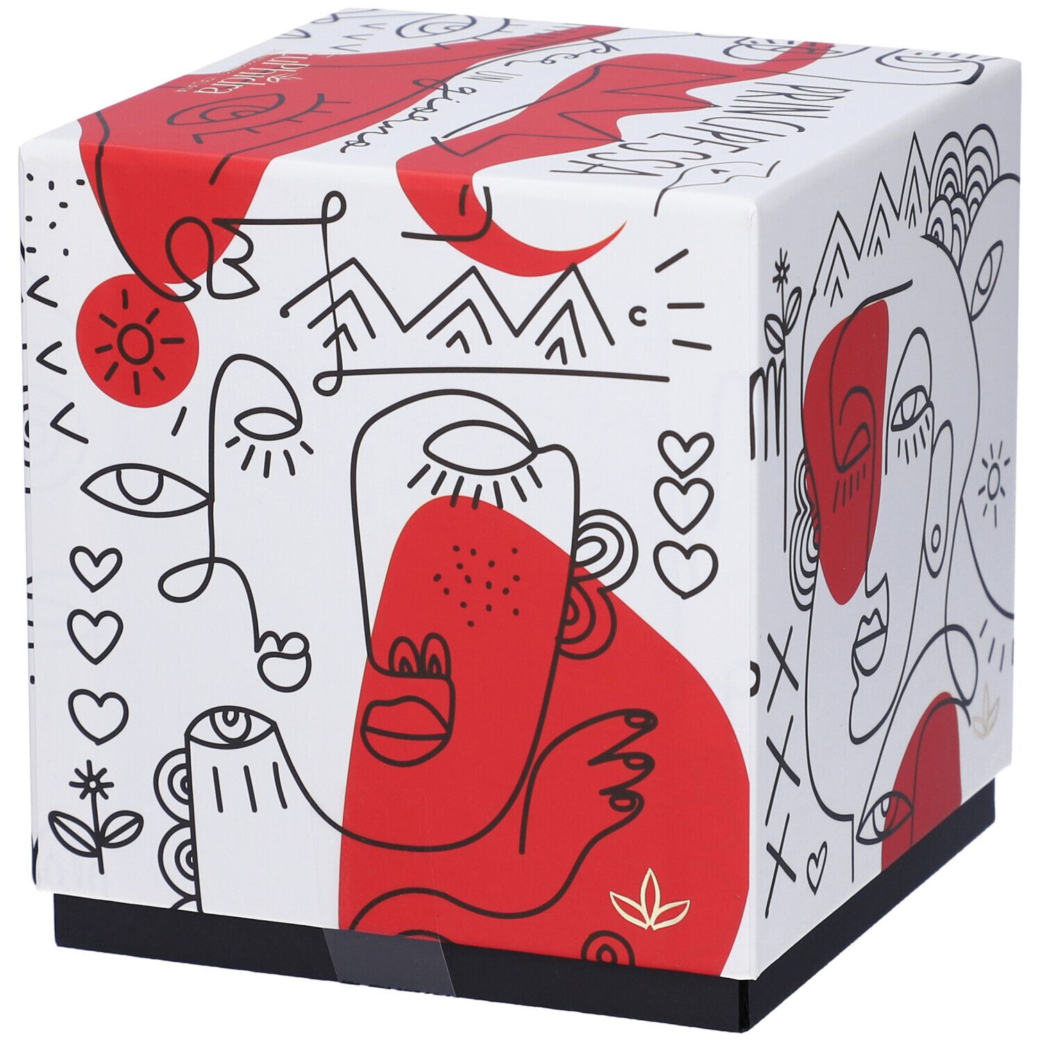 Scatola regalo quadrata con sfondo bianco e illustrazioni rosse e nere. Scritta: Principessa Per Un Giorno.