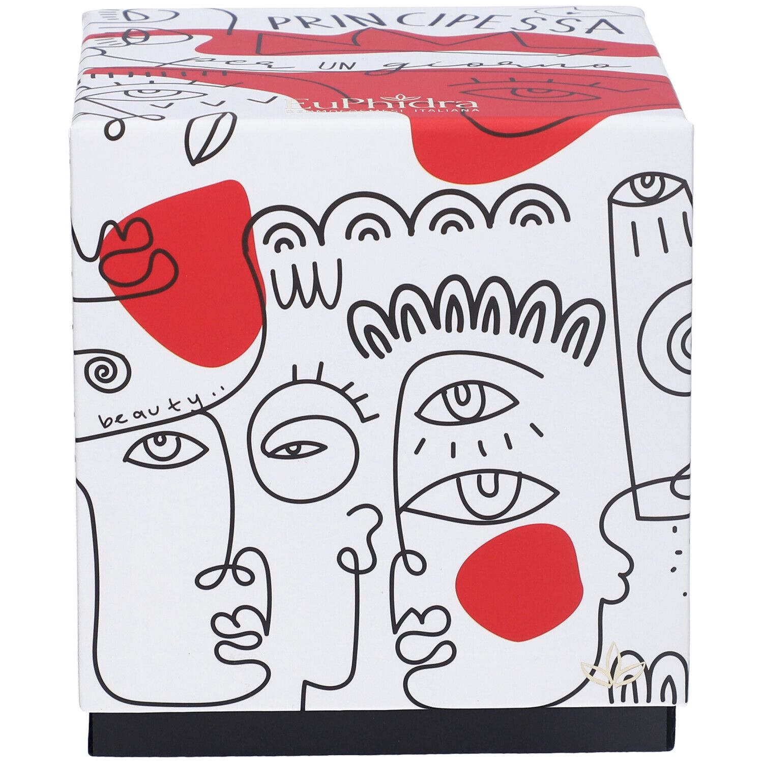 Scatola regalo quadrata con sfondo bianco e illustrazioni rosse e nere. Scritta: Principessa Per Un Giorno.