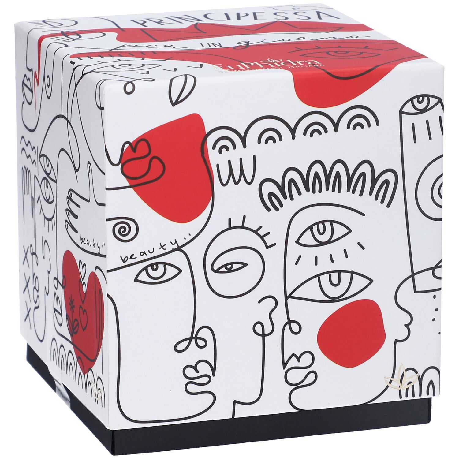 Scatola regalo quadrata con sfondo bianco e illustrazioni rosse e nere. Scritta: Principessa Per Un Giorno.