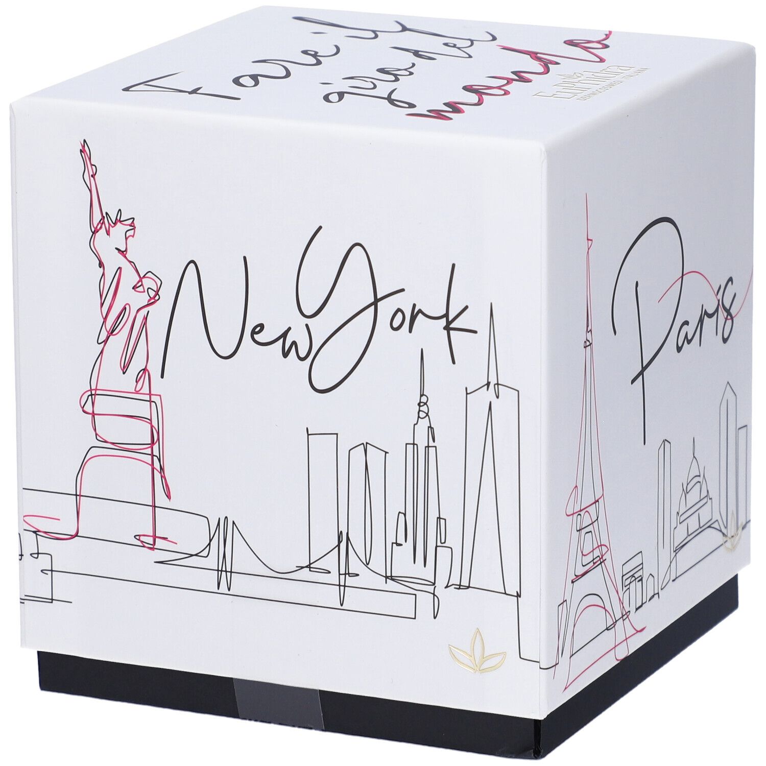 Scatola bianca quadrata con disegni di New York e Parigi. Testo: Fare il giro del mondo.